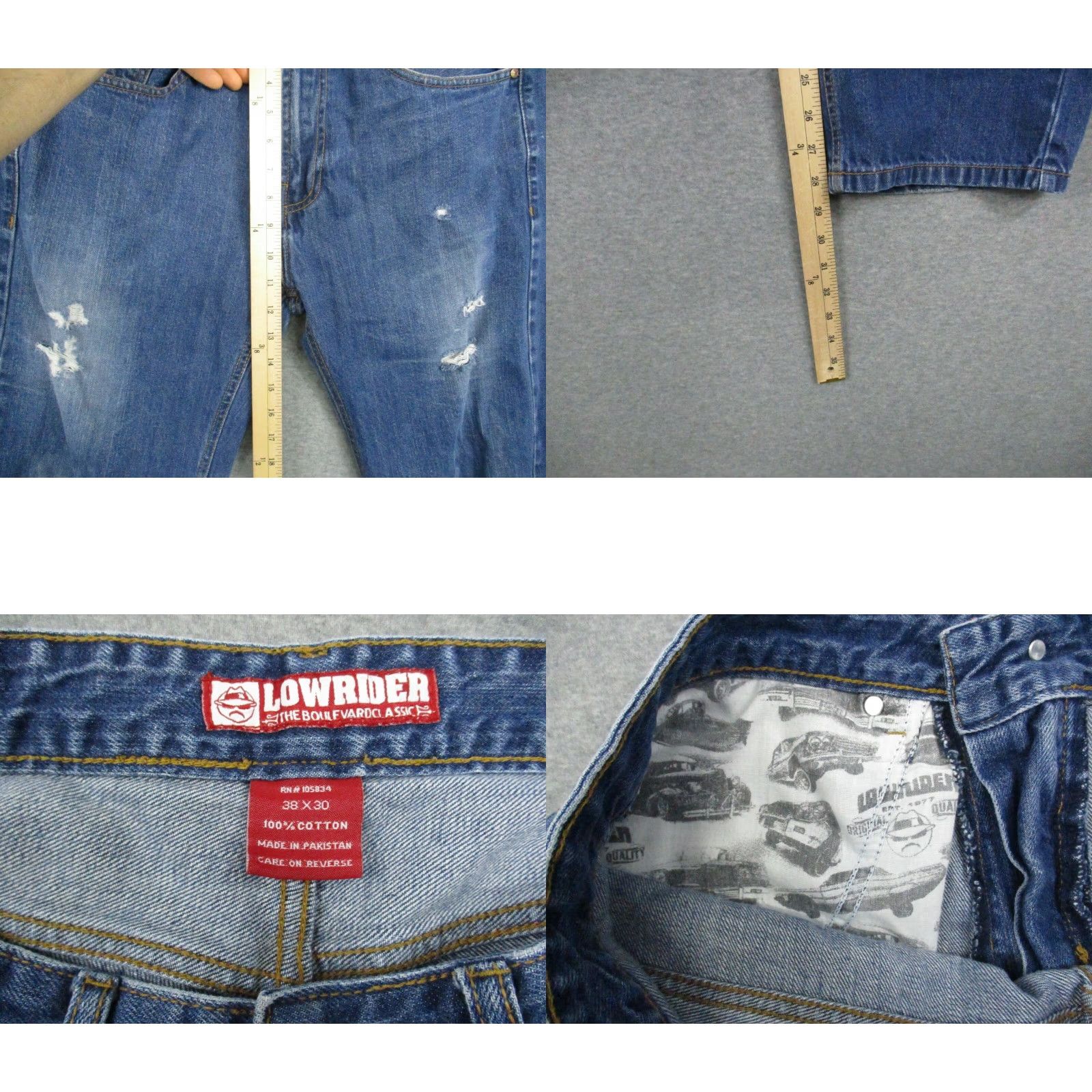 Denime VINTAGE Lowrider Jeans 38x30 Denim Blue Distressed Baggy Mens Jeans Regular Men Blue Denim Distressed 90s Streetwear Mens Size US 36 / EU 52 - 8 Thumbnail