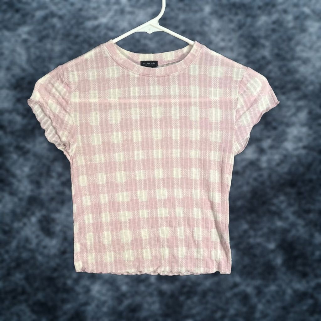 Vintage Out From Under Pink Gingham Crop Top - Women’s XS Rayon Spandex Blouse, Short Sleeve, Round Neck, Pullover, Adult XS, Pink, 90s/2000s Era, Womens Size XS / US 0-2 / IT 36-38 - 1 Thumbnail