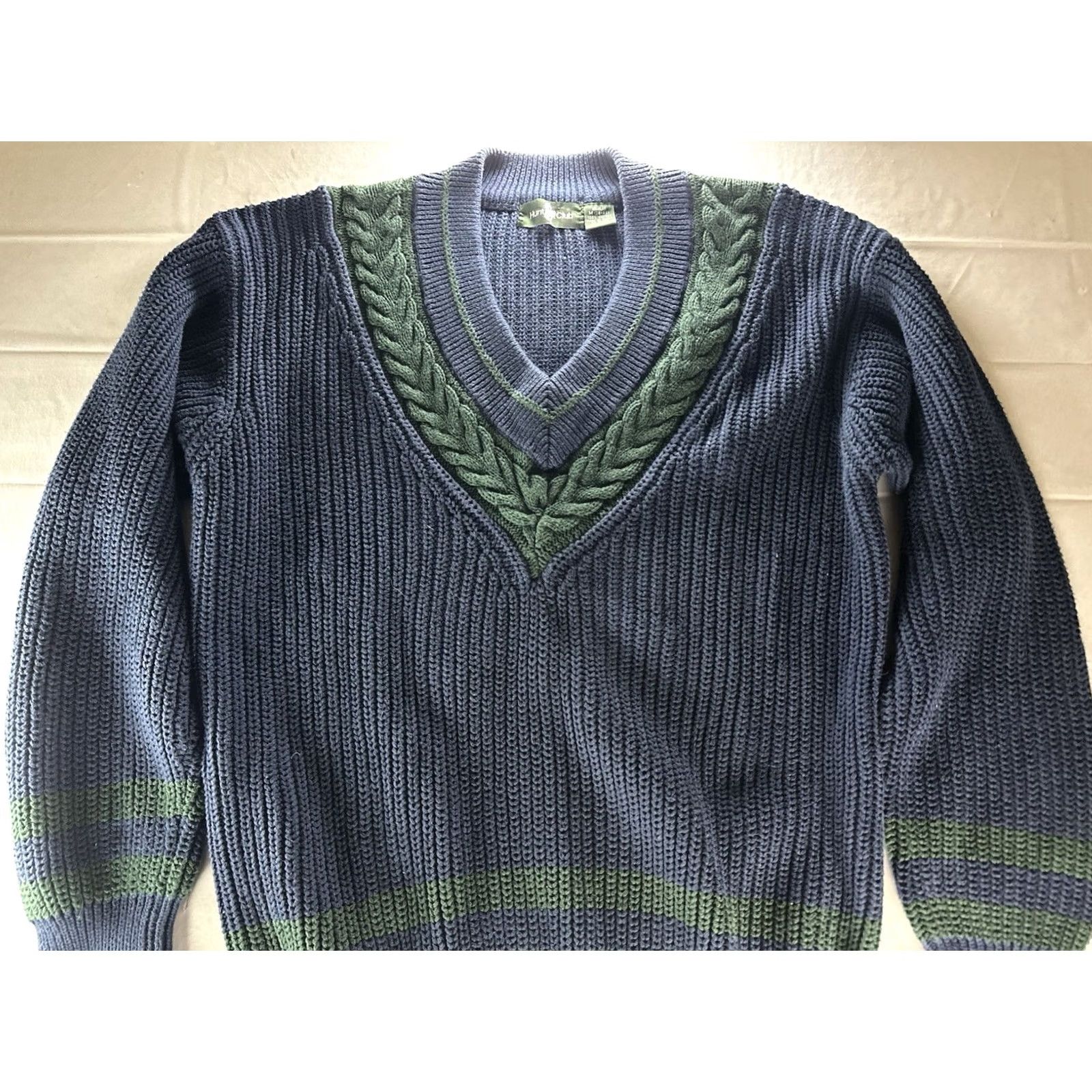 Vintage VTG Hunt Club Navy V-Neck Cable Knit Sweater Mens Medium 90s Pullover Knitting Crew Neck Knits Sweatner Winter Casual Mens Size US M / EU 48-50 / 2 - 3 Thumbnail