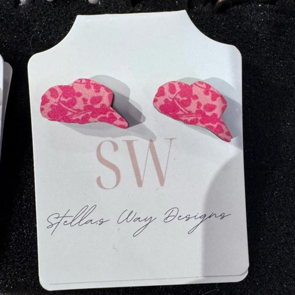 Designer Pink cowboy hat earrings cheetah print Size ONE SIZE - 1 Thumbnail