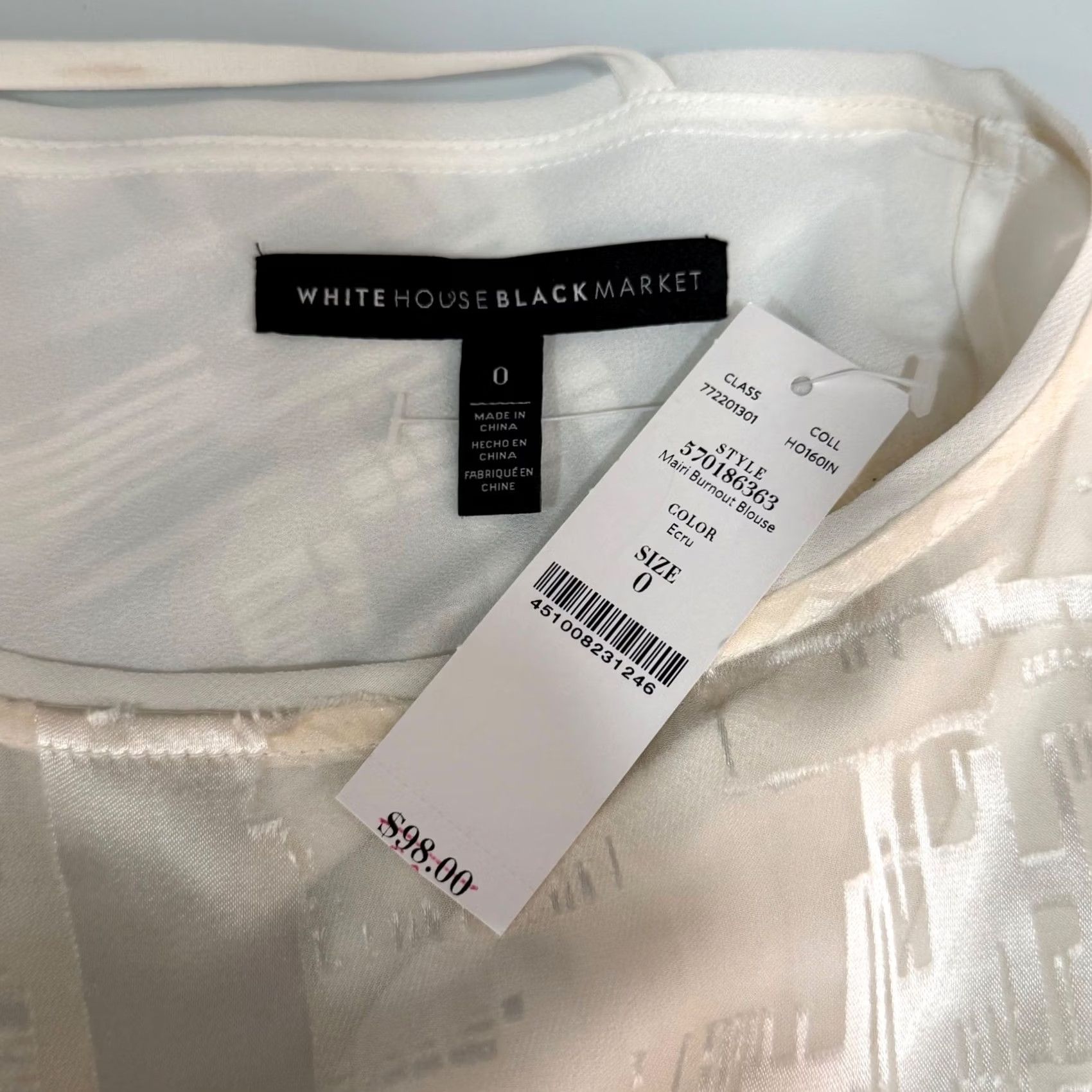 White House Black Market NWT WHBM Mairi Burnout Blouse Ecru Silk Blend Boat Neck Long Sleeve Geometric Burnout Pullover XS Size XS / US 0-2 / IT 36-38 - 6 Thumbnail