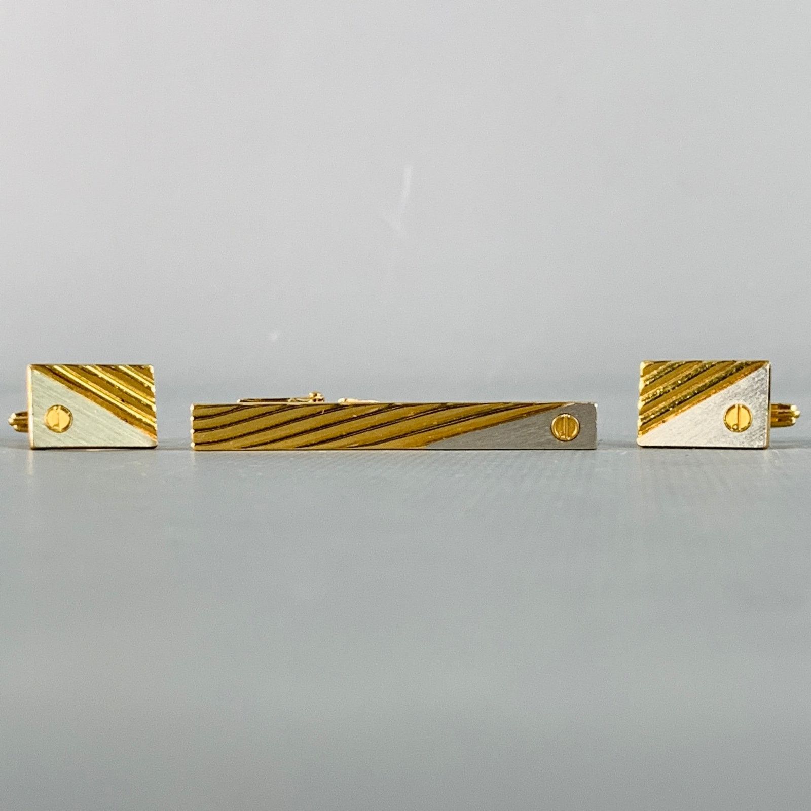 DUNHILL Gold Silver Engraved Metal Cuff Link Tie Clip Set
