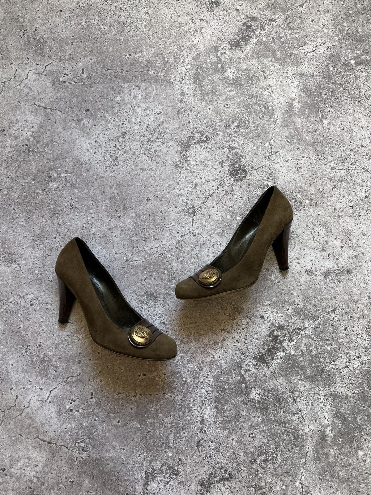 Vintage Gucci Olive Suede Heels Designer Italy