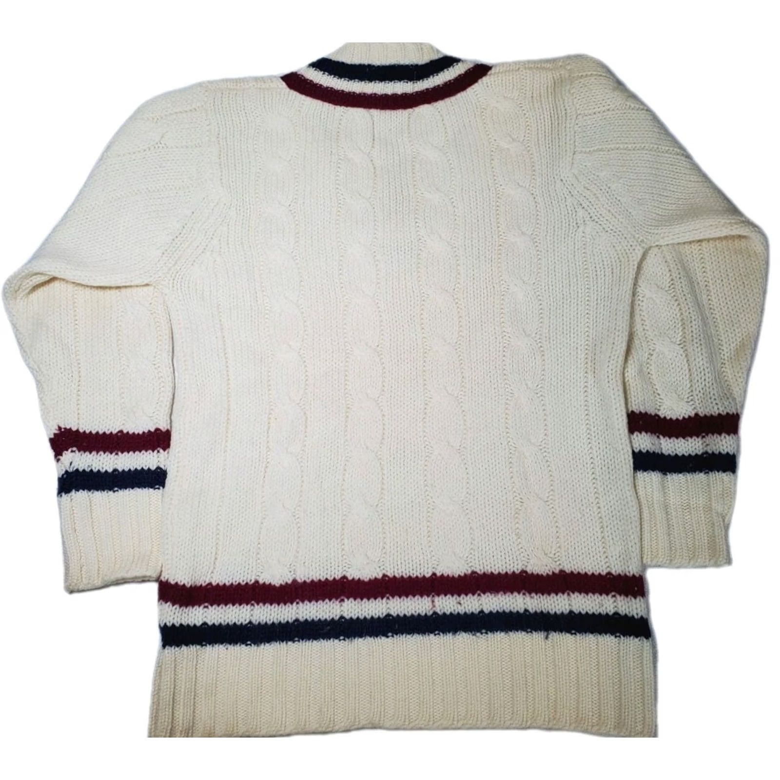 Vintage VTG Items International Fully Fashioned Cable Knit Tennis Cricket Sweater Men S Wool Ivory Striped Preppy 80s Knits Pullover Vintage Mens S Size US S / EU 44-46 / 1 - 2 Thumbnail