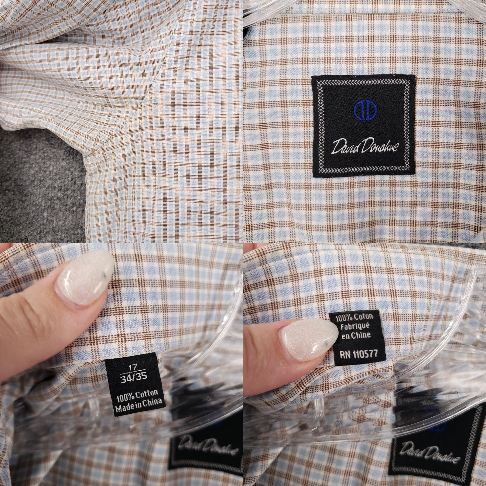 David Donahue David Donahue Dress Shirt Mens 17 34 36 Beige Button Up Long Sleeve Cotton Plaid Shirt Size 46R - 8 Thumbnail