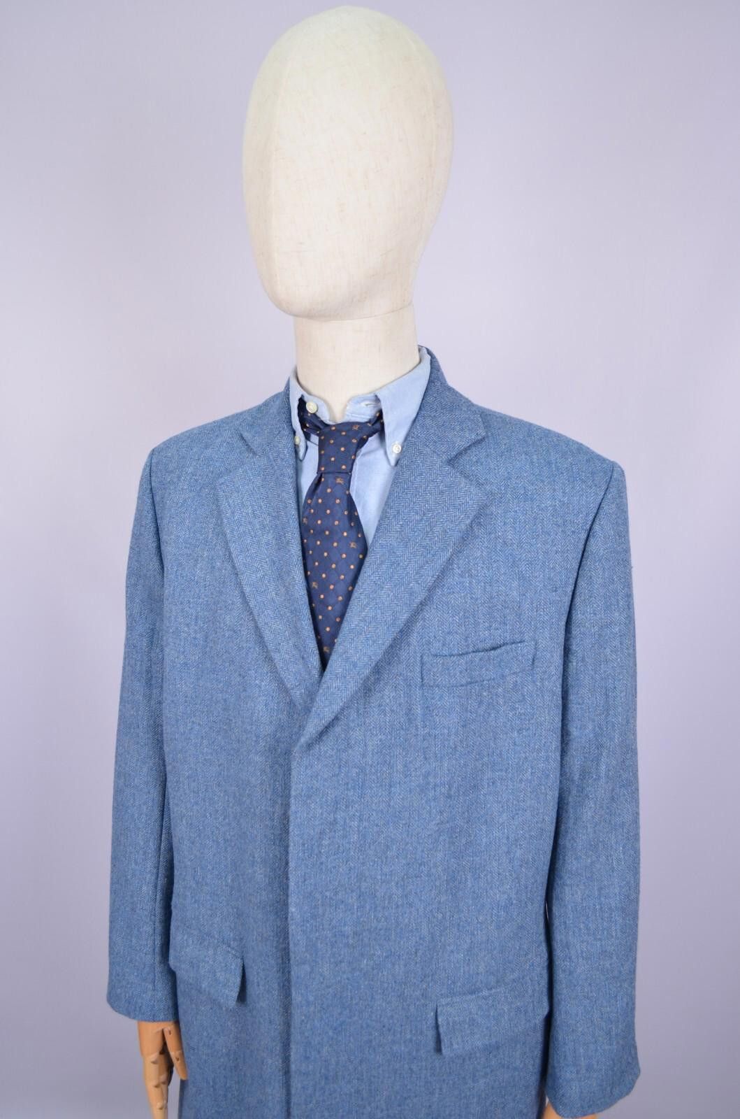 Designer Samuel Windsor 100% Wool Herringbone Blue Coat Jacket Sz 40" Size US L / EU 52-54 / 3 - 4 Thumbnail