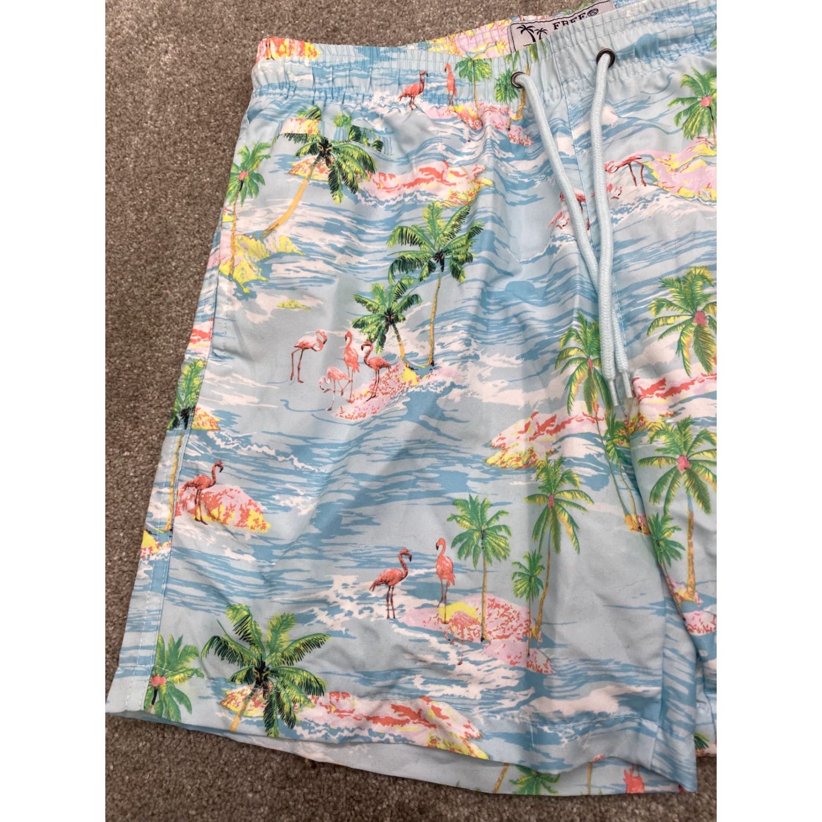Vintage NWT Free Planet Flamingo Surf Swim Trunks Mens M Lt Blue Tropical Island Beach Size US 31 - 2 Thumbnail