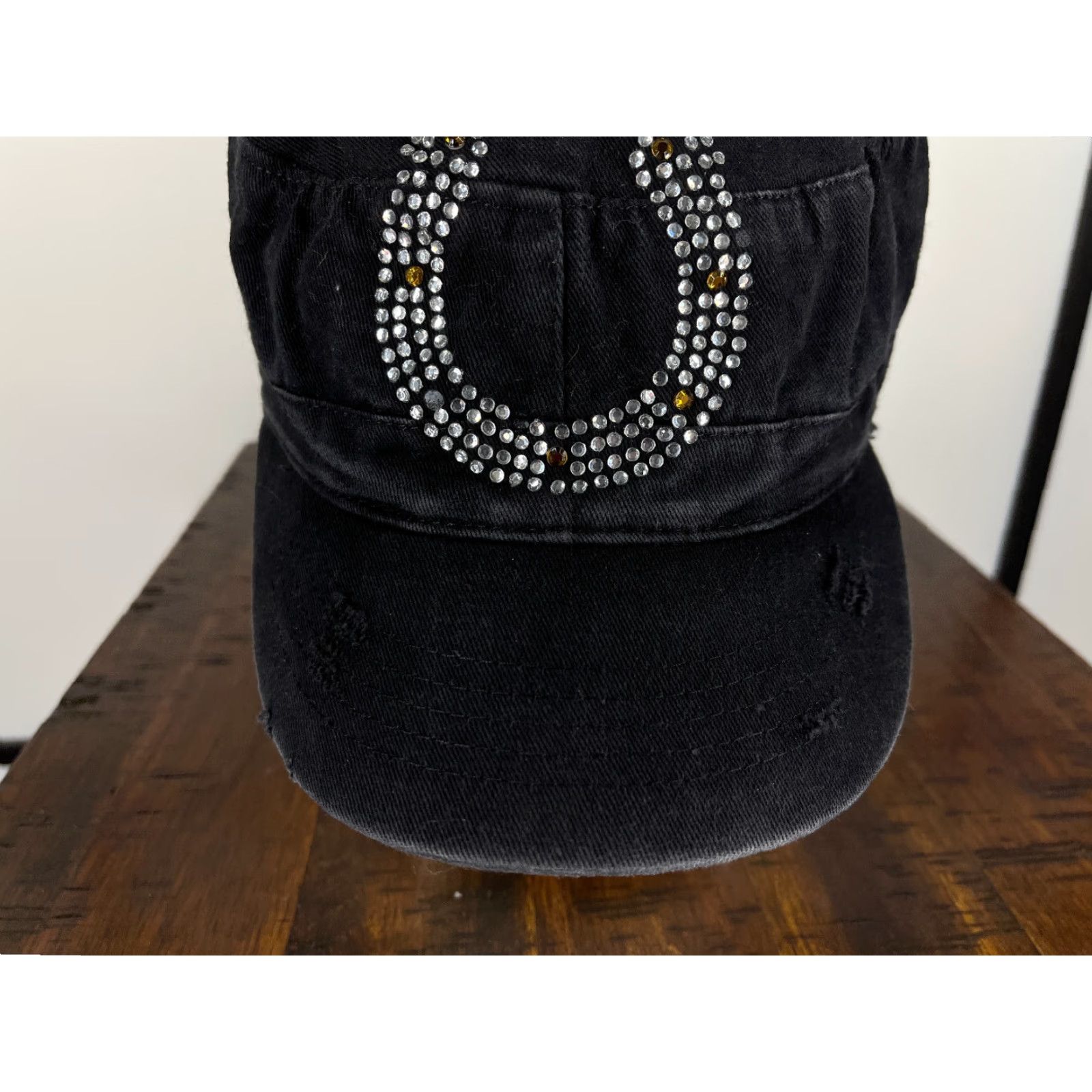 Vintage JFH Headwear Hat Womens One Size Blue Horseshoe Army Cap Strap Back Rhinestone Bling Jewel Casino Distressed Size ONE SIZE - 3 Thumbnail