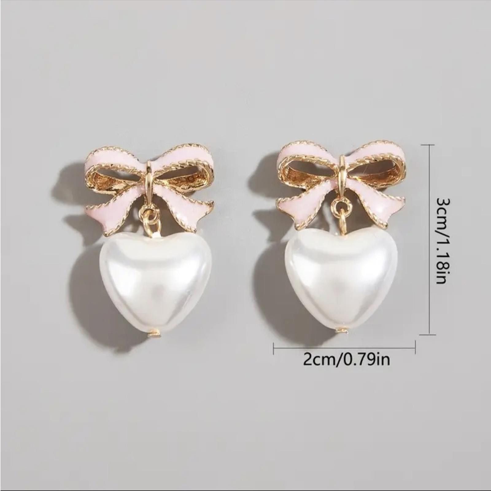 Designer Pink and Gold Pearl Bow Heart Earrings Dangle Stud Size ONE SIZE - 4 Thumbnail