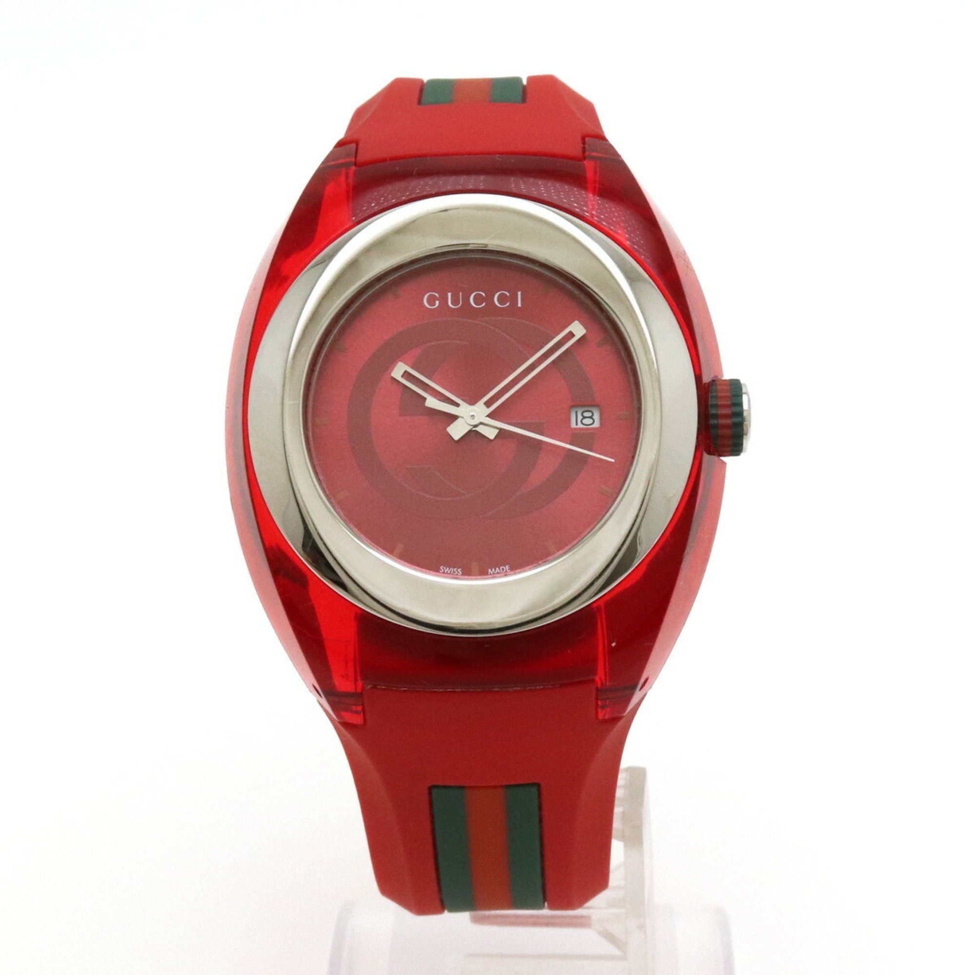 image of Gucci Sync Red Dial Stainless Steel Rubber Interlocking G Shelly Men's Quartz Watch 137.1 Ya137103A