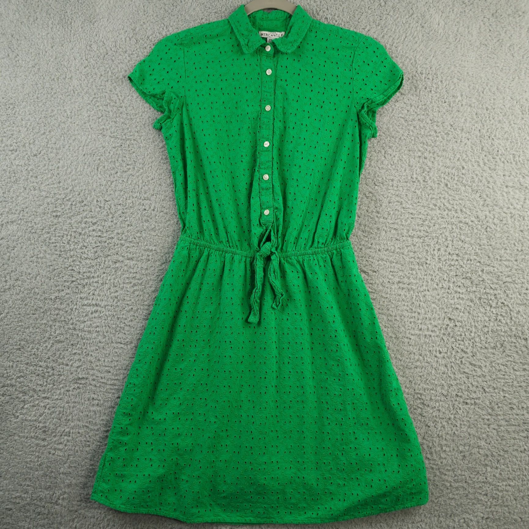 J.Crew J Crew Mercantile Dress Womens XXS Green Eyelet Collared Tie Front Lined Knee Size XXS / US 00 / IT 34 - 2 Thumbnail