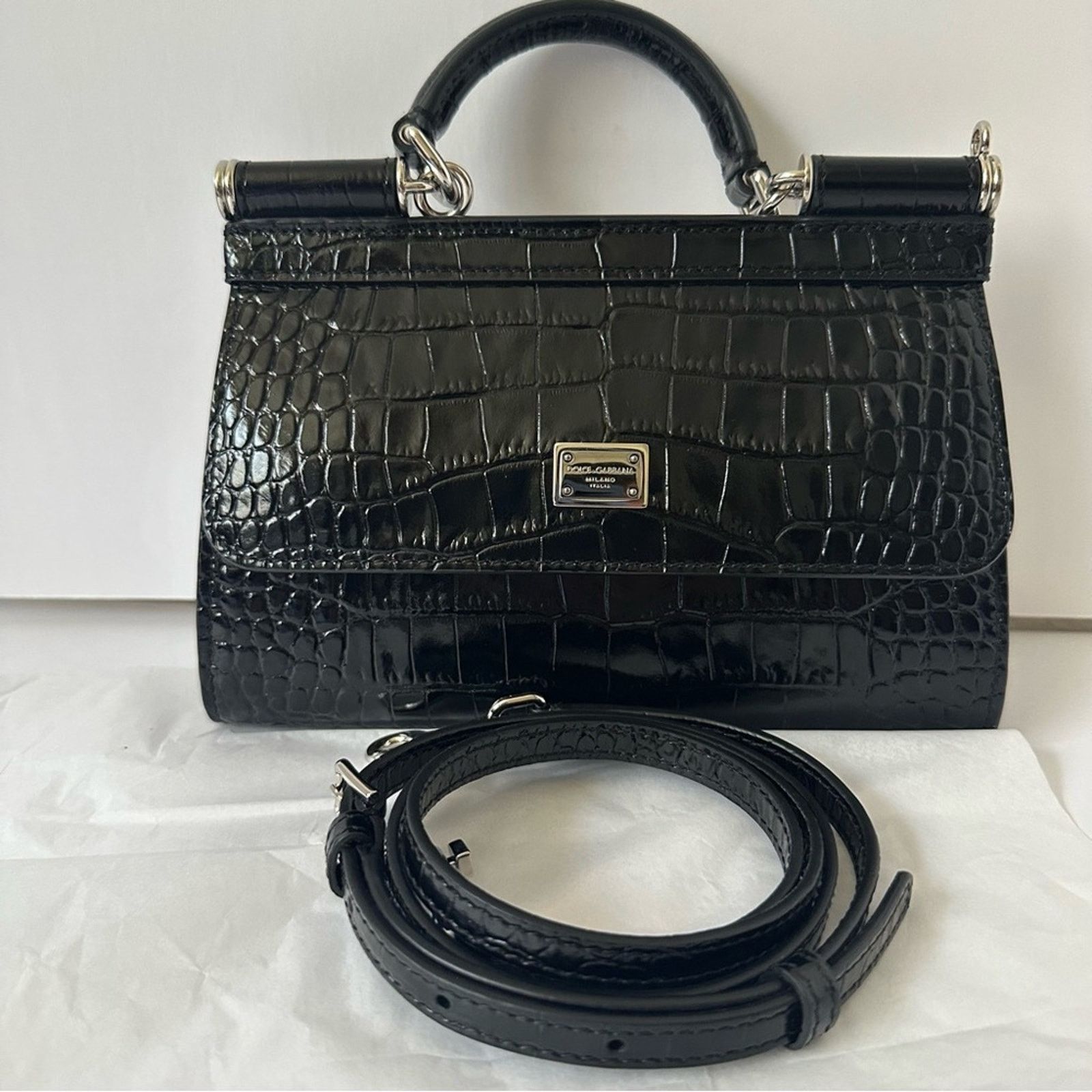 Dolce Gabbana Sicily Double-Face Top-Handle Bag Black & Sliver Small, Women's