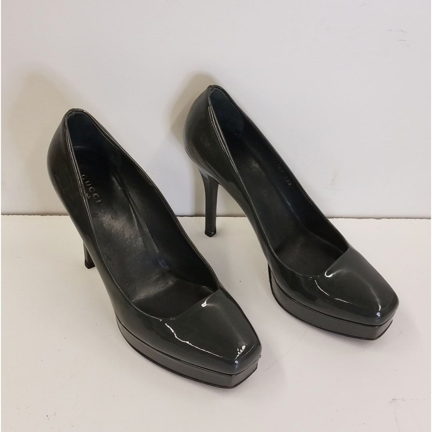 image of Gucci Patent Leather Olive Green Square Toe Pump Heel Shoes, Women's (Size 8.5)