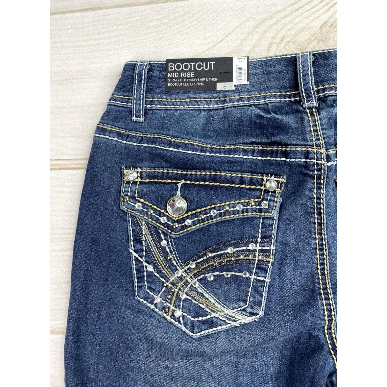 Apt. 9 Apt 9 Bootcut Jeans Sz 8 Dark Blue Denim Embellished Back Flap Pockets NWT Size 29" - 6 Thumbnail