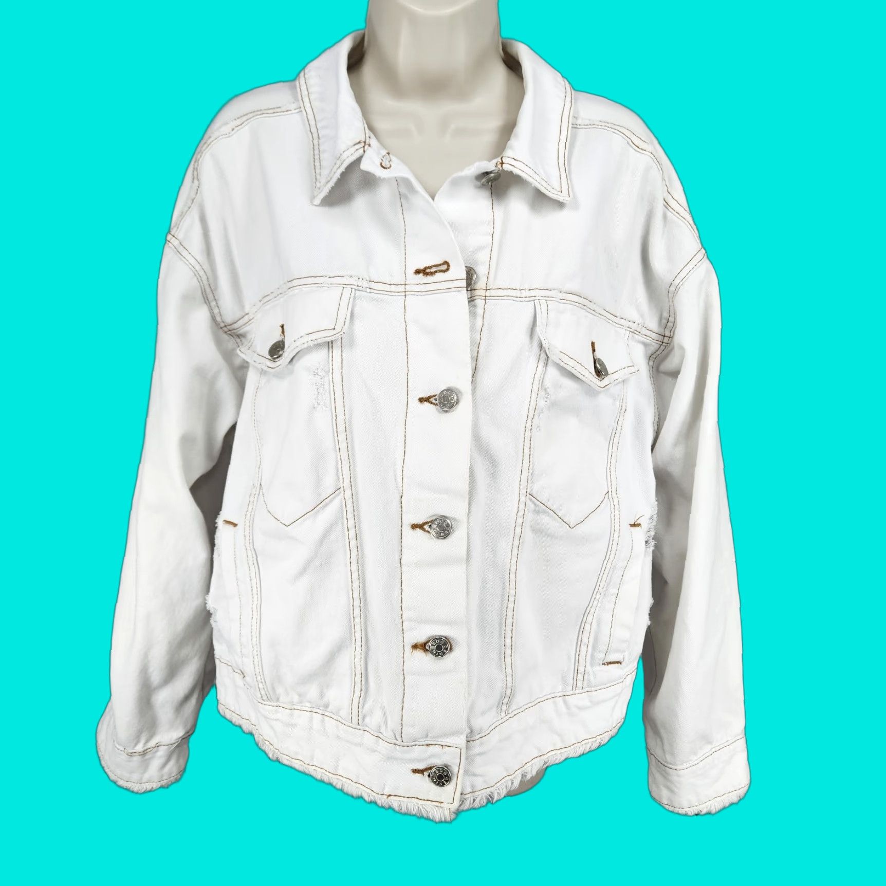 Bdg BDG Jacket Women's Denim White 100% Cotton Oversized Buttoned Distressed Large L 90s Fringe Pockets Collared Short Length Casual Chic Size 36" / US 14 / IT 50 - 1 Thumbnail