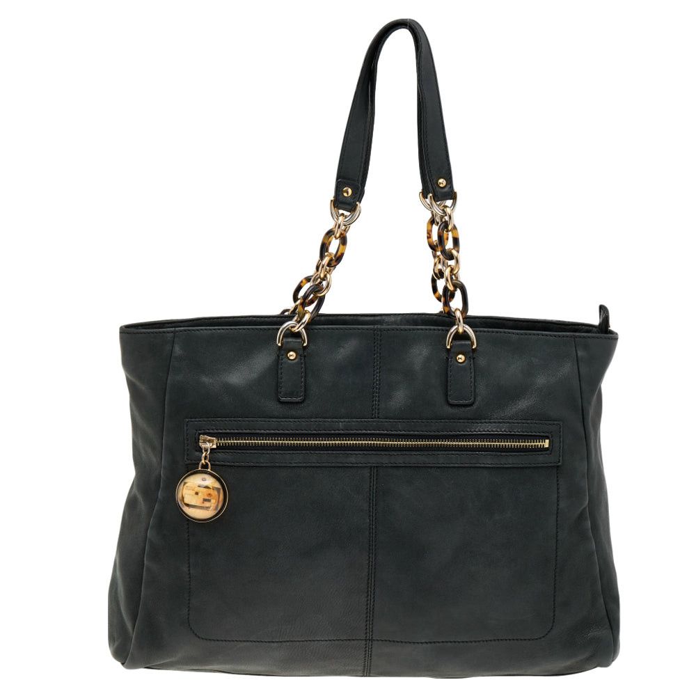 image of Fendi Black Iridescent Leather Chain Tote, Women's