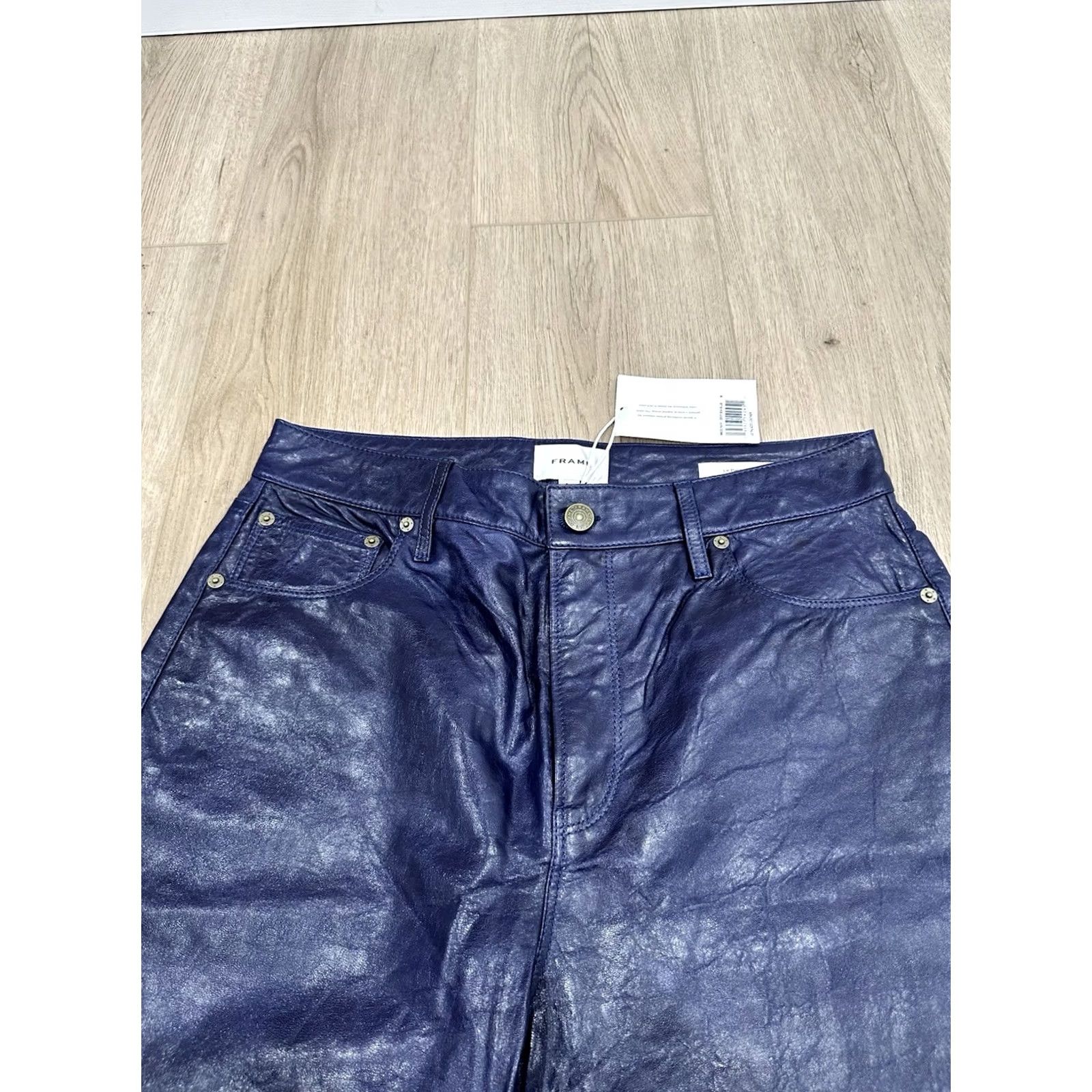 Frame VINTAGE NWT Frame Women's Blue Le Palazzo High-Rise Crinkle Leather Wide-Leg Pants 30 Size 30" / US 8 / IT 44 - 7 Thumbnail