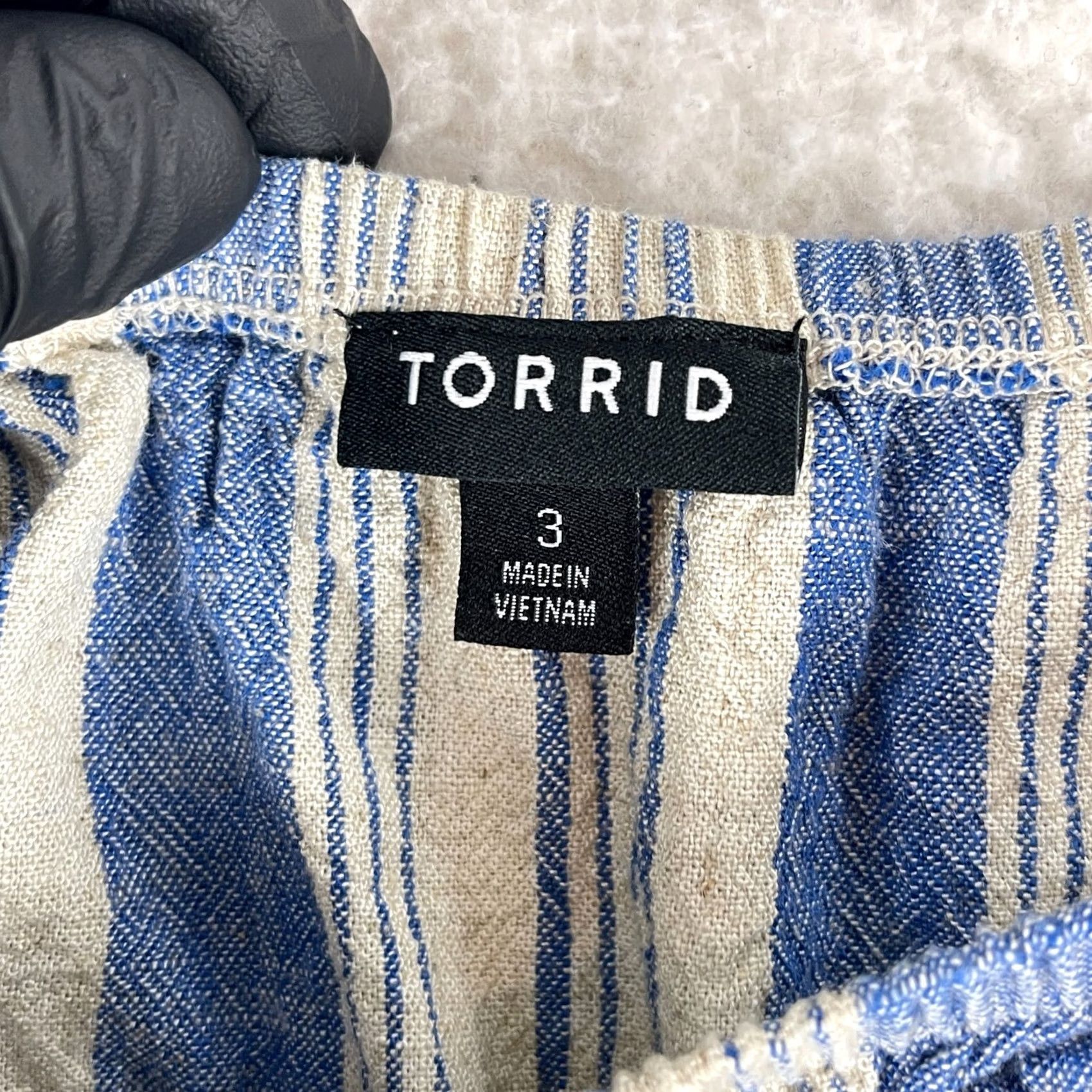 Torrid Torrid Blue Stripe Off Shoulder Crop Shirt 3X Womens Plus Size Smocked Waist Linen Blend Pullover Short Sleeve Top Size XXL / US 16-18 / IT 52-54 - 7 Thumbnail