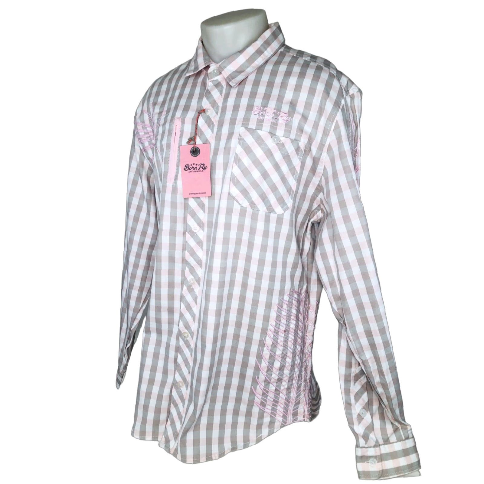 Born Born Fly Shirt Mens 2XL Embroidered ANYTOWN USA Pink Long Sleeve Button-Up Size US XXL / EU 58 / 5 - 1 Thumbnail