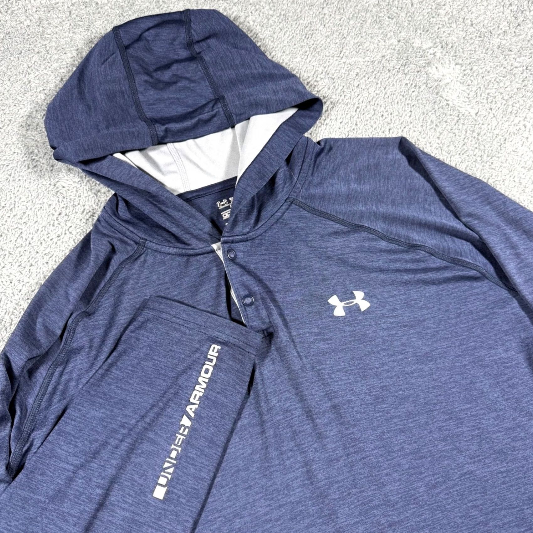 Under Armour Under Armour Hoodie Mens 2XL Navy Loose Performance Lightweight Henley Button Spring Summer Fall Breathable Moisture Wicking Logo Raglan Shirt Size US XXL / EU 58 / 5 - 2 Thumbnail