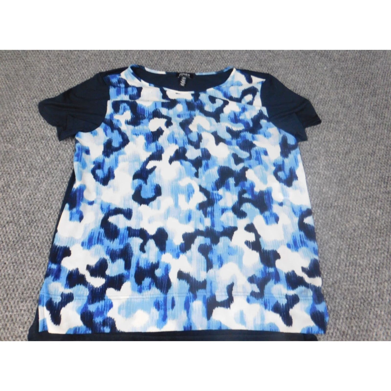 Jones New York Jones New York Womens Blouse L Blue Floral Crew Neck Short Sleeve Pullover Polyester Rayon Stretch Casual Regular Cap Sleeve Size L / US 10 / IT 46 - 2 Thumbnail