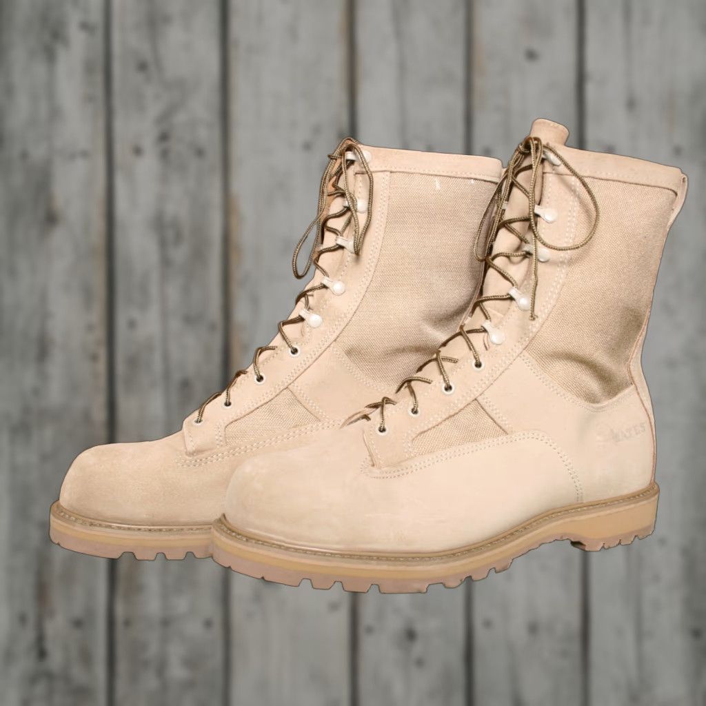 Vintage Bates Boots Mens Combat Boot Tan Suede Canvas Gore-Tex Waterproof 14 XW Vibram Sole 03-D-0321 Military Shoes Sz. 14 Leather Upper? Size US 14 / EU 47 - 1 Thumbnail