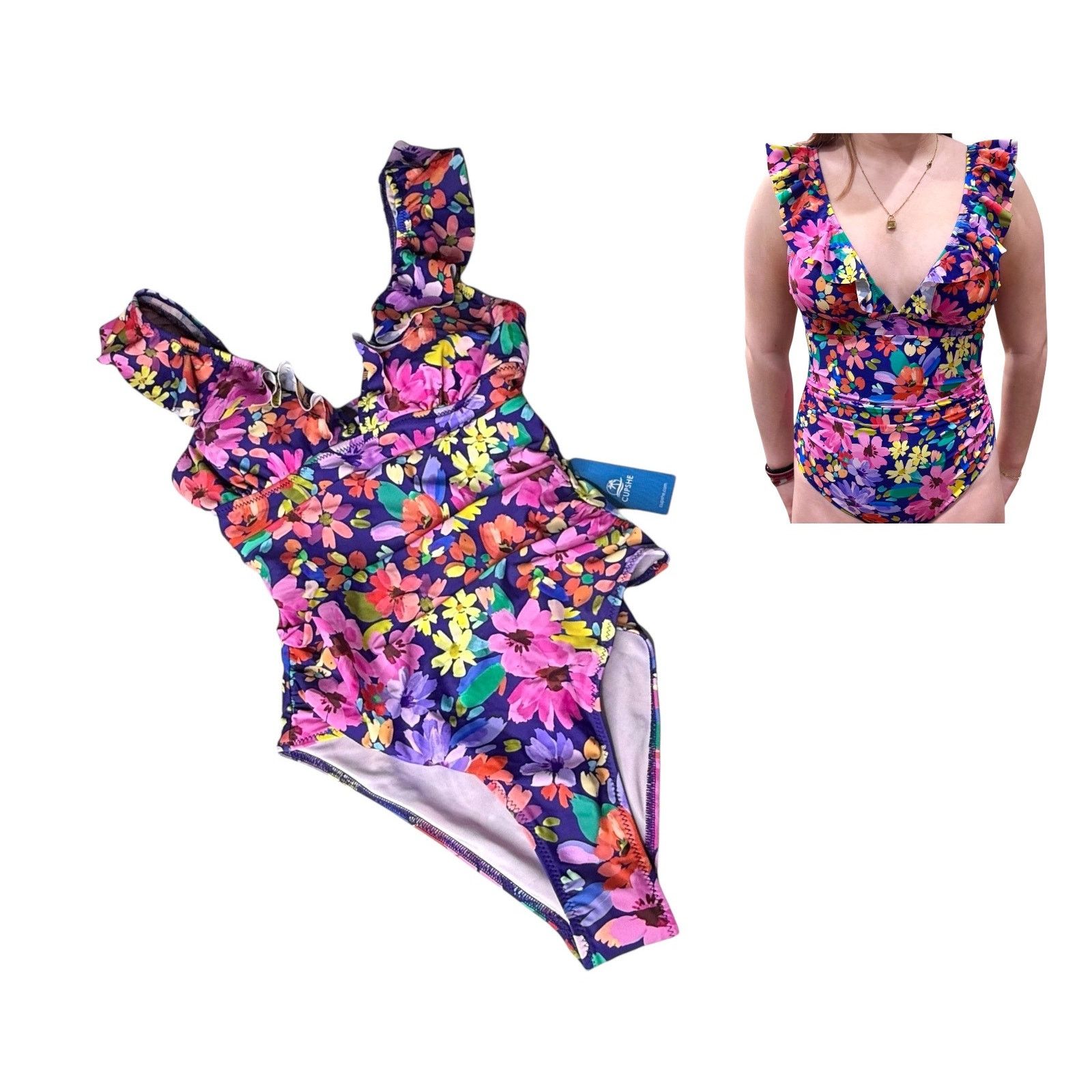 Vintage New Cupshe Swimsuit Women's Med Ruffled One Piece Floral NWT in Pink