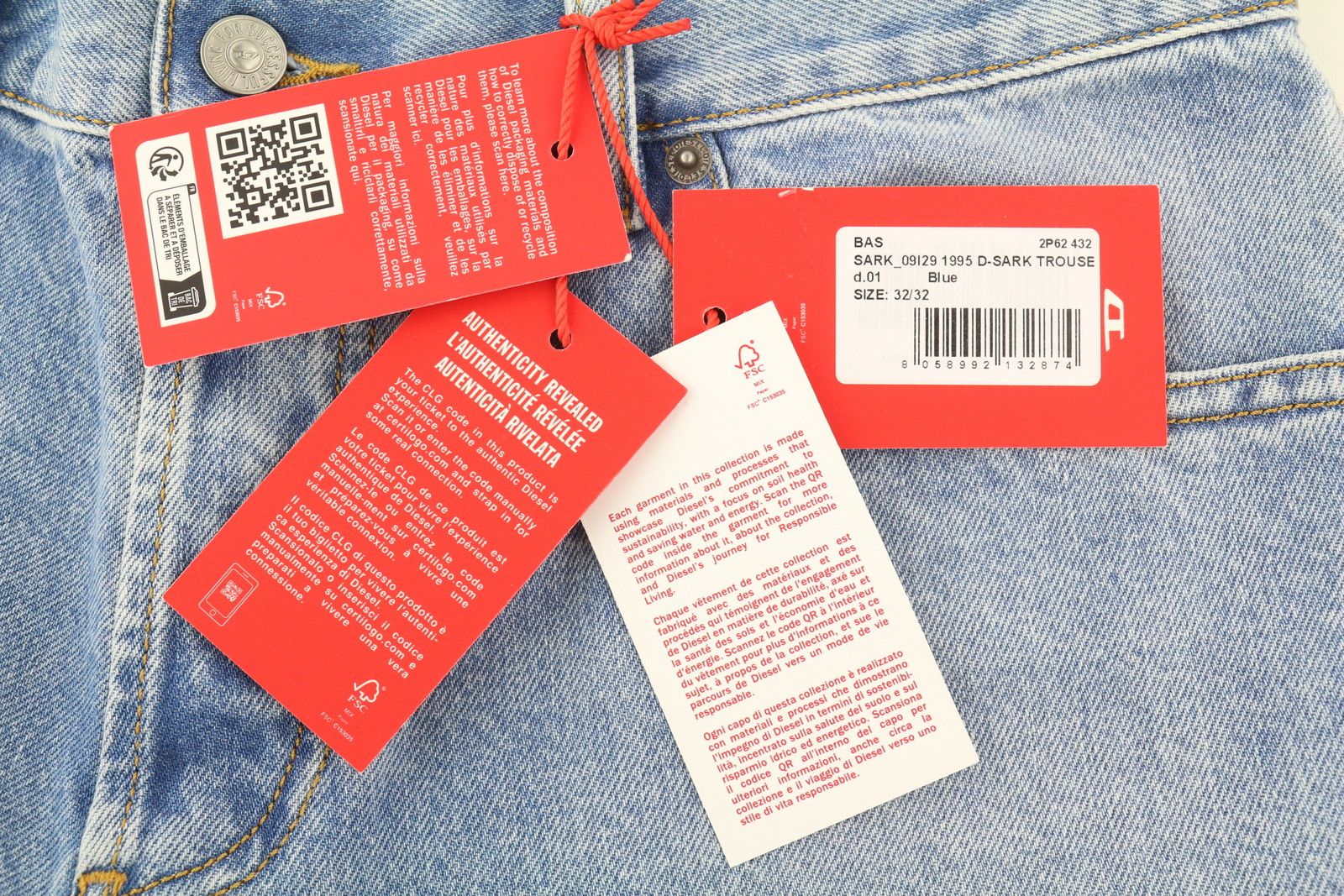Diesel 1995 D-SARK 09I29 W32/L32 Blue Slim Straight 85406 Size US 32 / EU 48 - 7 Thumbnail