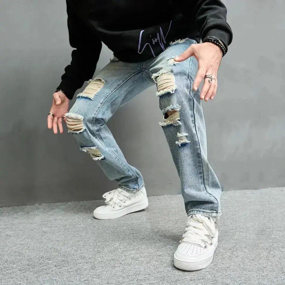 Japanese Brand Simple Men Loose Ripped Straight Jeans Size US 32 / EU 48 - 3 Thumbnail