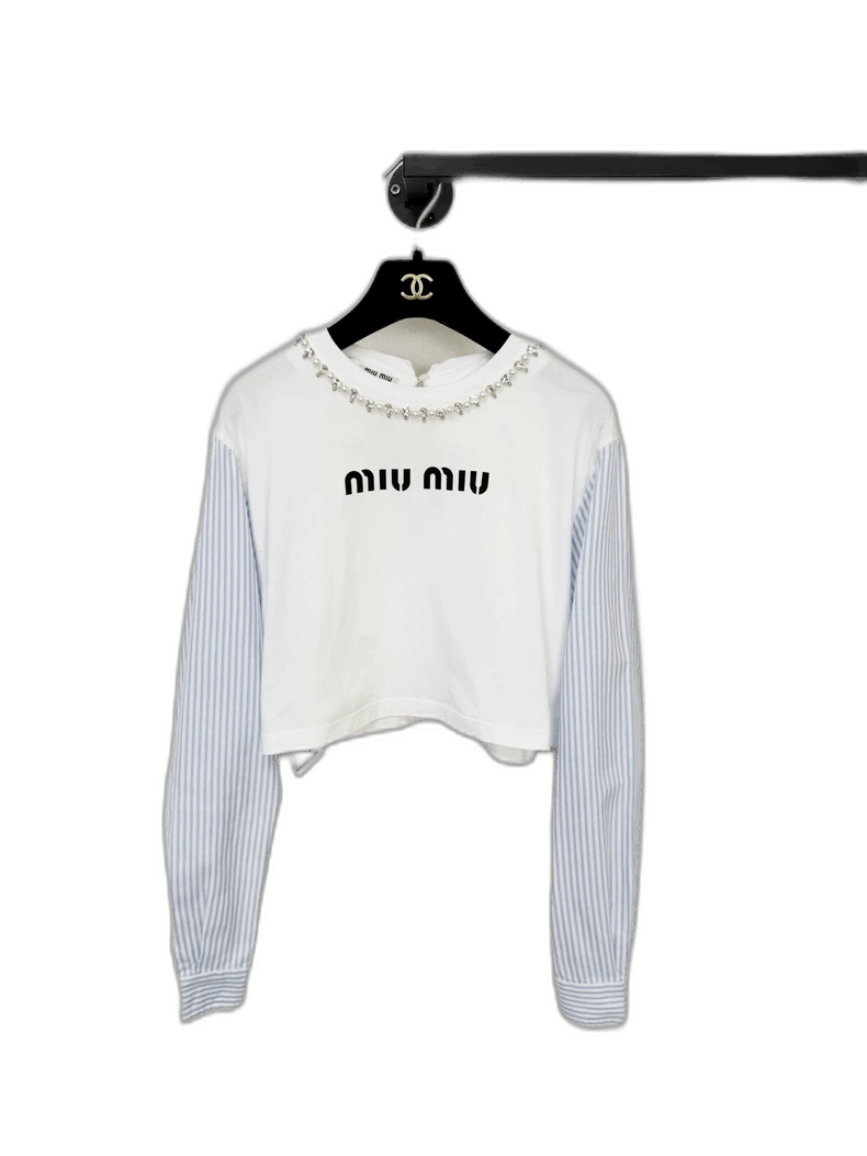 Prada Miu Miu Long Sleeve Top with Striped Sleeves -2505 Size M / US 6-8 / IT 42-44 - 1 Thumbnail
