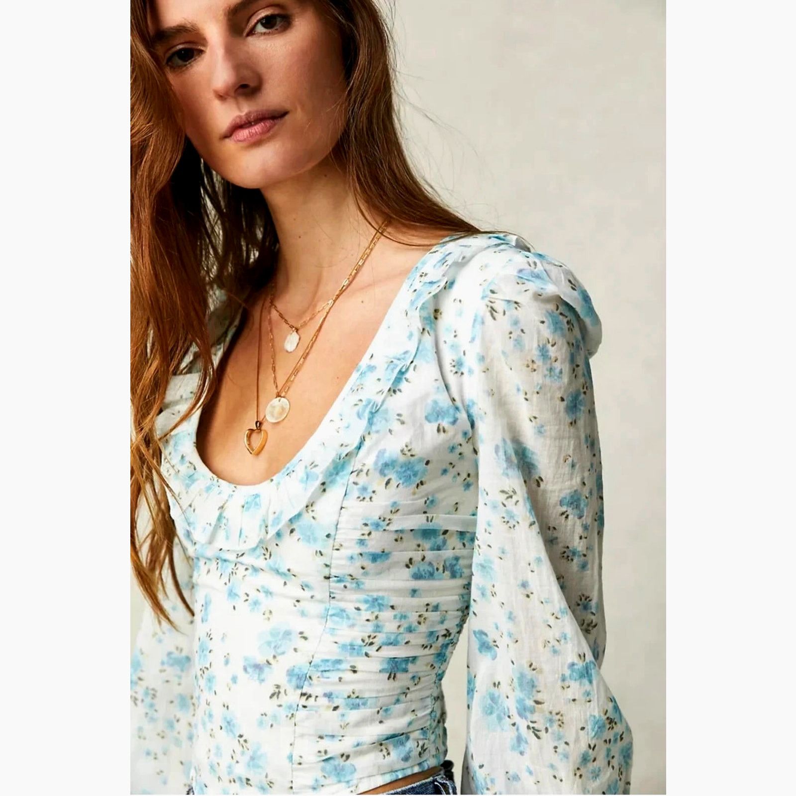 Free People Free People Another Life Top White Combo Blue Floral Print L Size L / US 10 / IT 46 - 2 Thumbnail