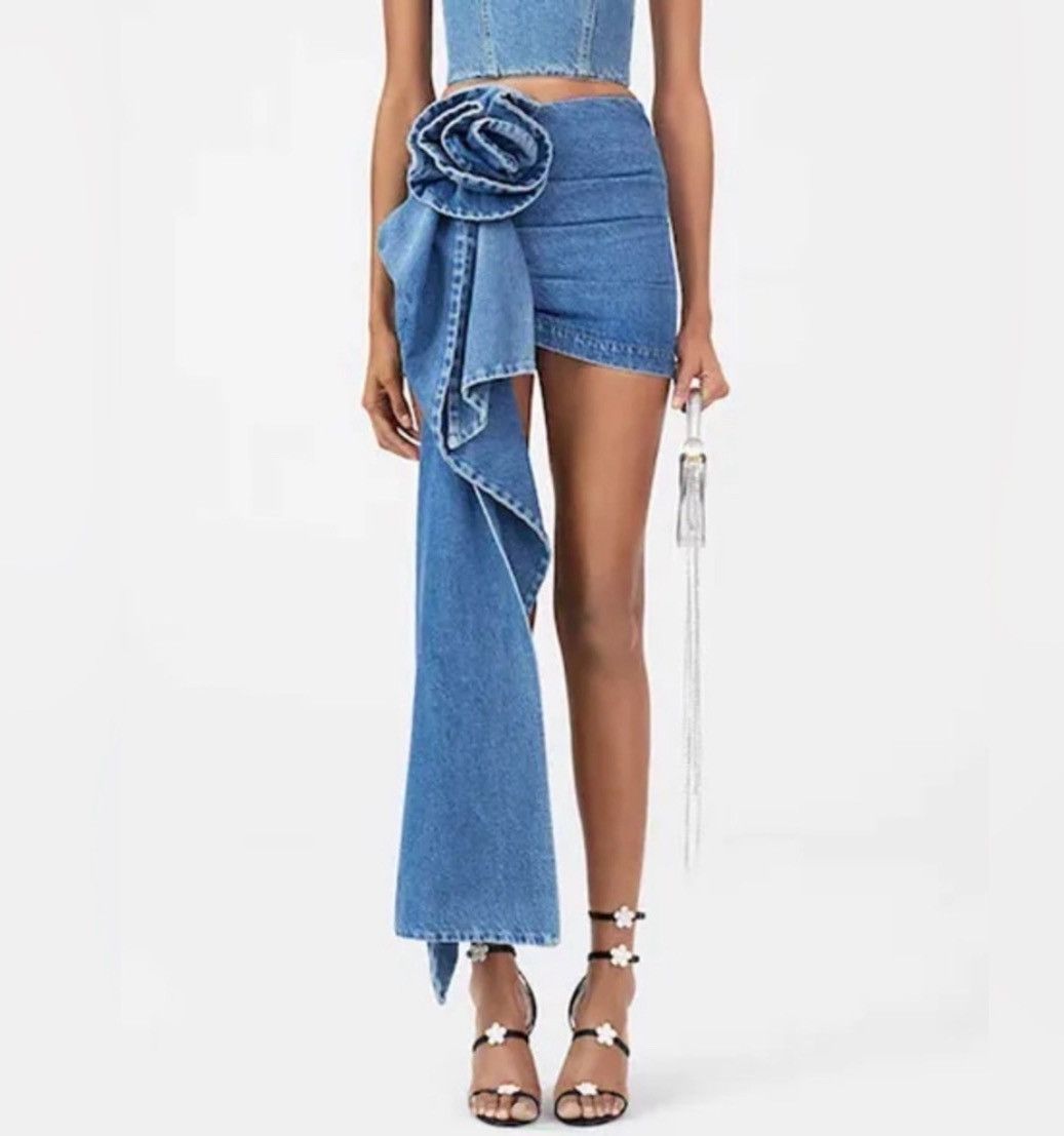 image of The Label Moicu Flower Asymmetric Hem Denim Skirt in Blue, Women's (Size 26)