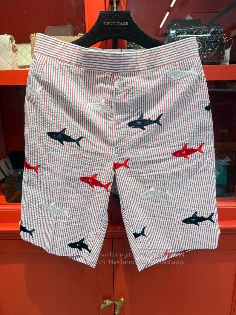 Thom Browne size 1 Shark Embroidered Bubble Gauze Striped S