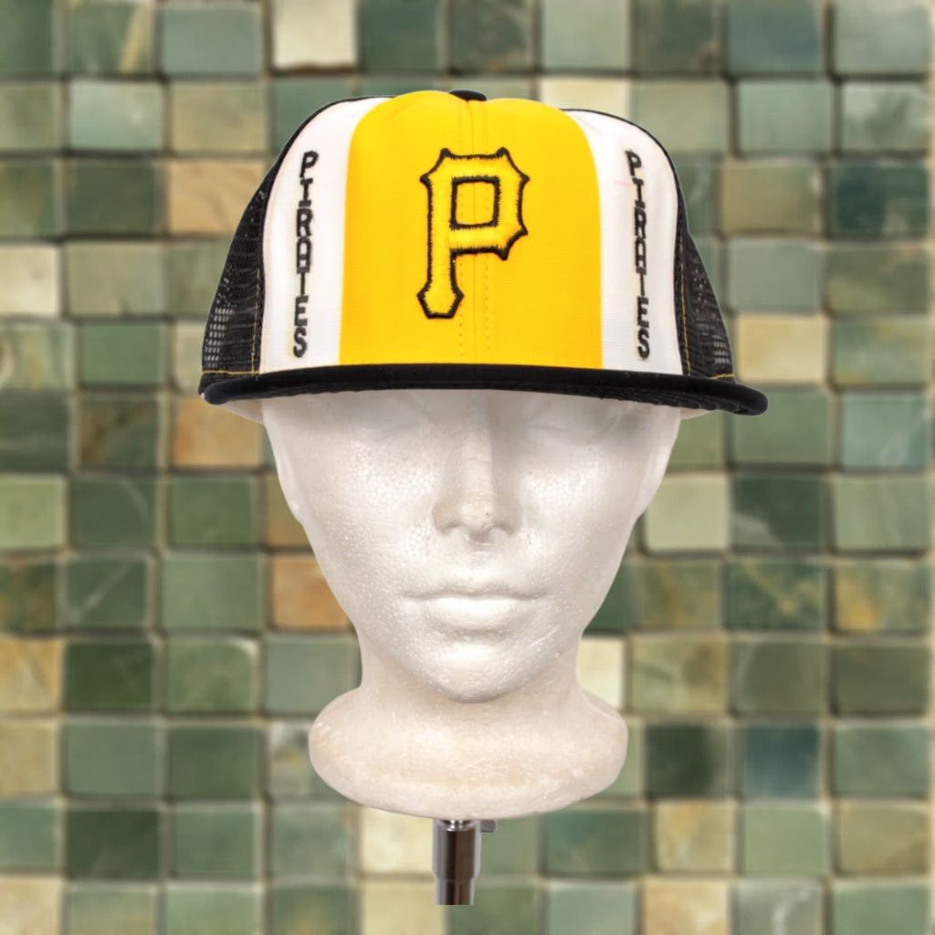 Vintage AJD Pittsburgh Pirates Hat Cap Vintage 80s Snapback Adjustable Size L Black Mesh Cap Mens Size ONE SIZE - 1 Thumbnail
