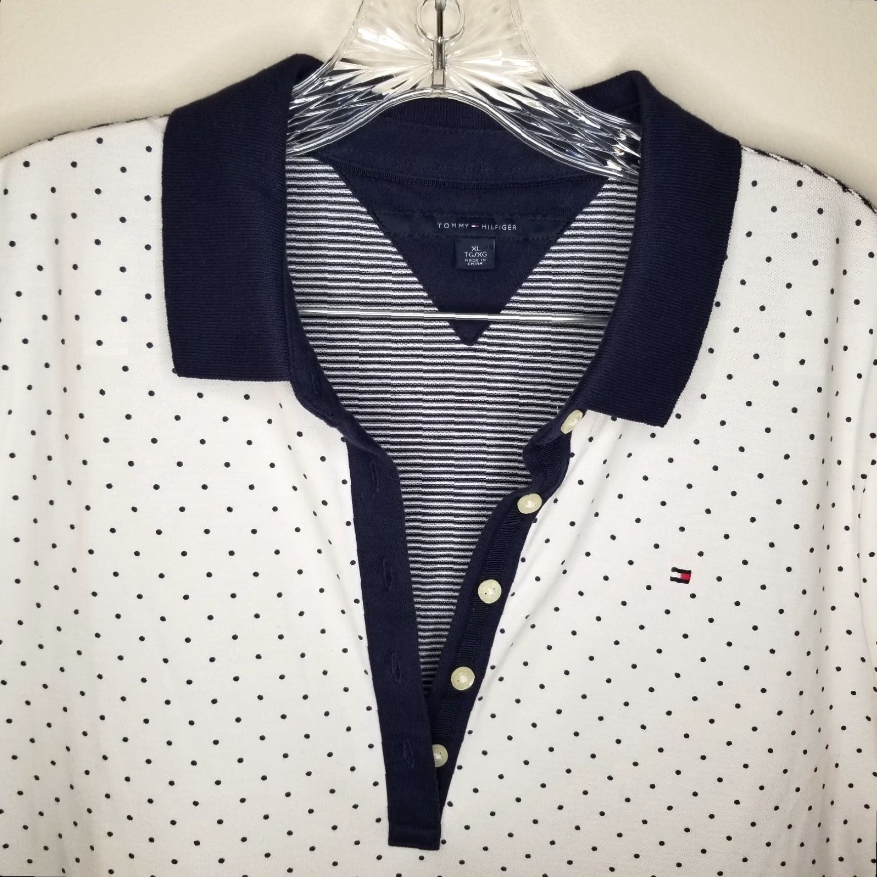 Tommy Hilfiger Tommy Hilfiger Polo Shirt Mens XL White Polka Dot Short Sleeve Extra Long Color White Polo Shirt Length 38 Size US XL / EU 56 / 4 - 3 Thumbnail