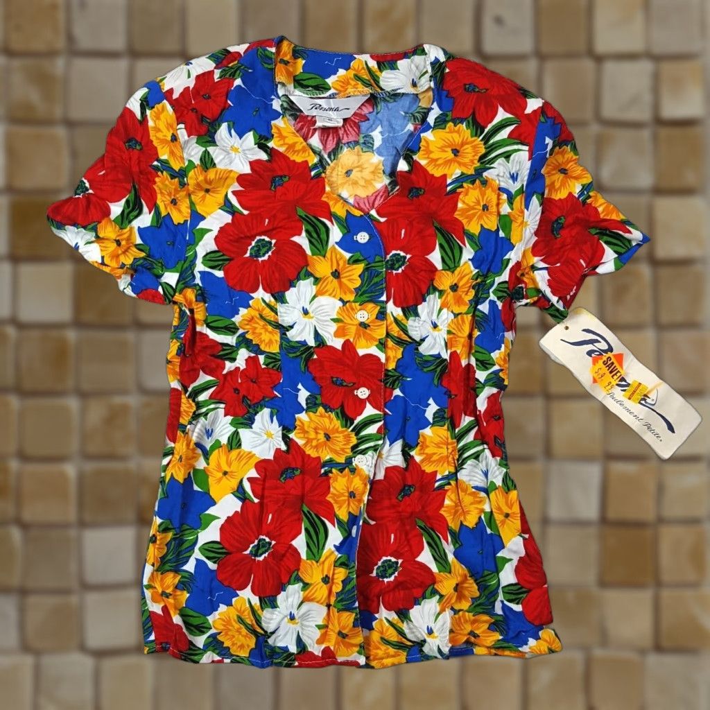 Vintage VINTAGE Floral Print Womens Size 6 Short Sleeve Button Up Shirt Top Dress Size M / US 6-8 / IT 42-44 - 1 Thumbnail
