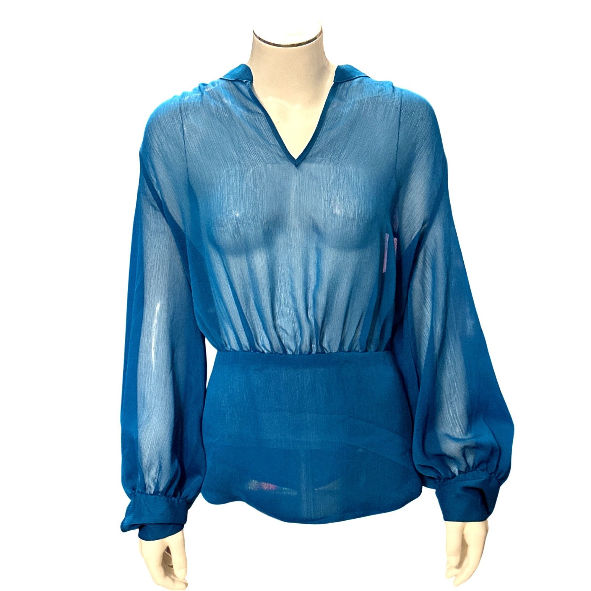Other 7th Avenue New York Company Large Teal Sheer Blouse V neck L Size L / US 10 / IT 46 - 2 Thumbnail