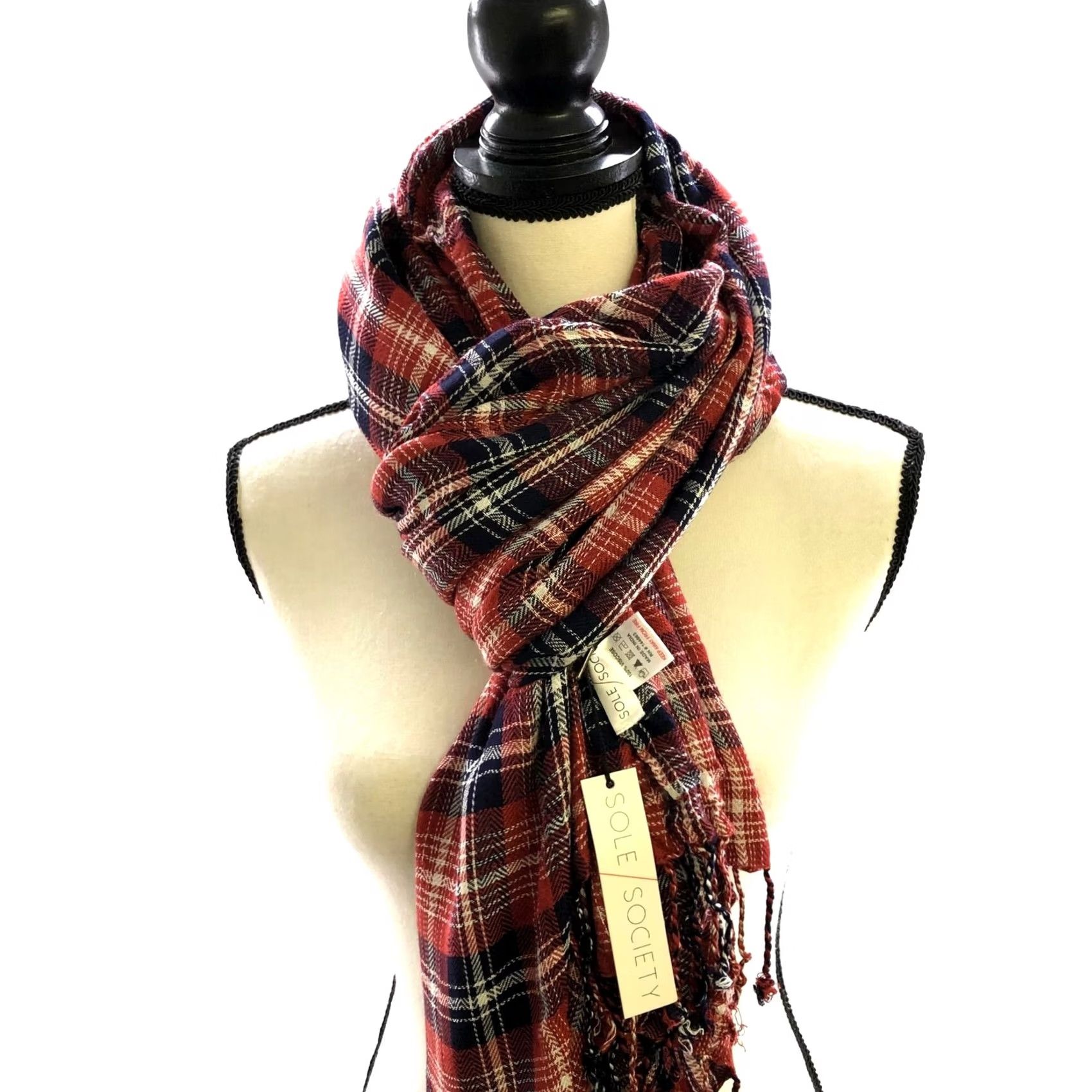 Nordstrom Nordstrom Sole Society Scarf Red Plaid Fringe Lightweight Rayon Shawl Womens Size ONE SIZE - 3 Thumbnail