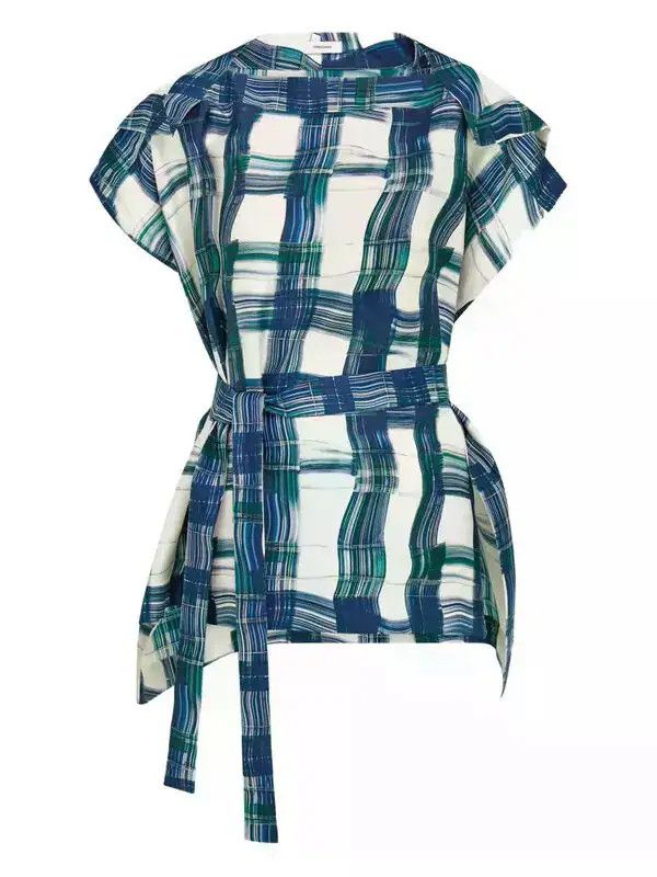 Salvatore Ferragamo o1s1rm0426 Plaid Belted Blouse in Blue/White Size XS / US 0-2 / IT 36-38 - 1 Thumbnail