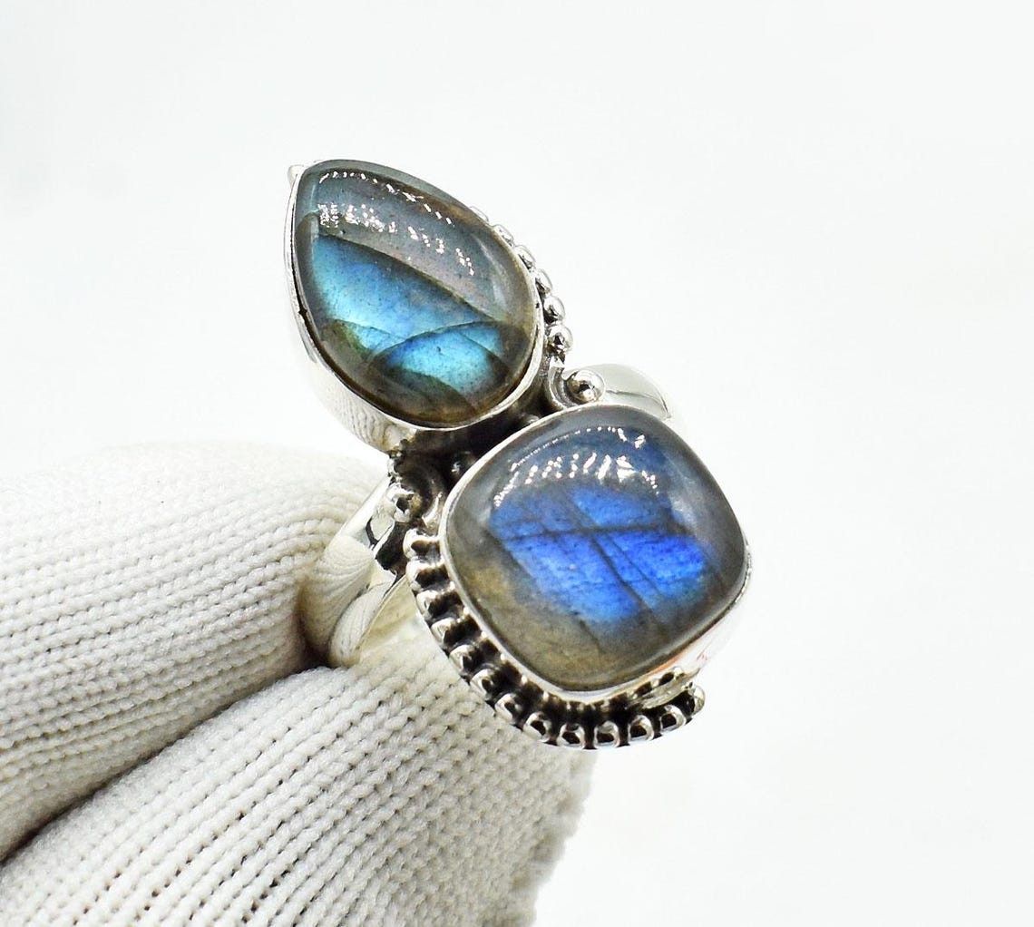 Handmade Blue Fire Labradorite Ring: 925K Silver Boho Bridal Jewelry Size ONE SIZE - 1 Thumbnail