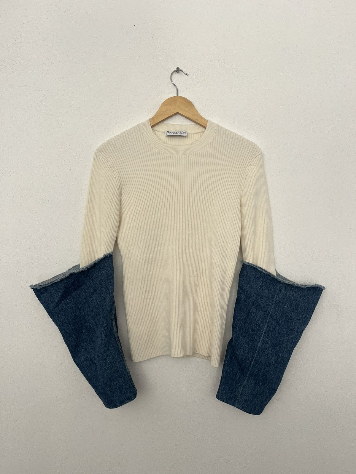 JW Anderson J.W Anderson white rib top with denim sleeves Size L / US 10 / IT 46 - 1 Thumbnail