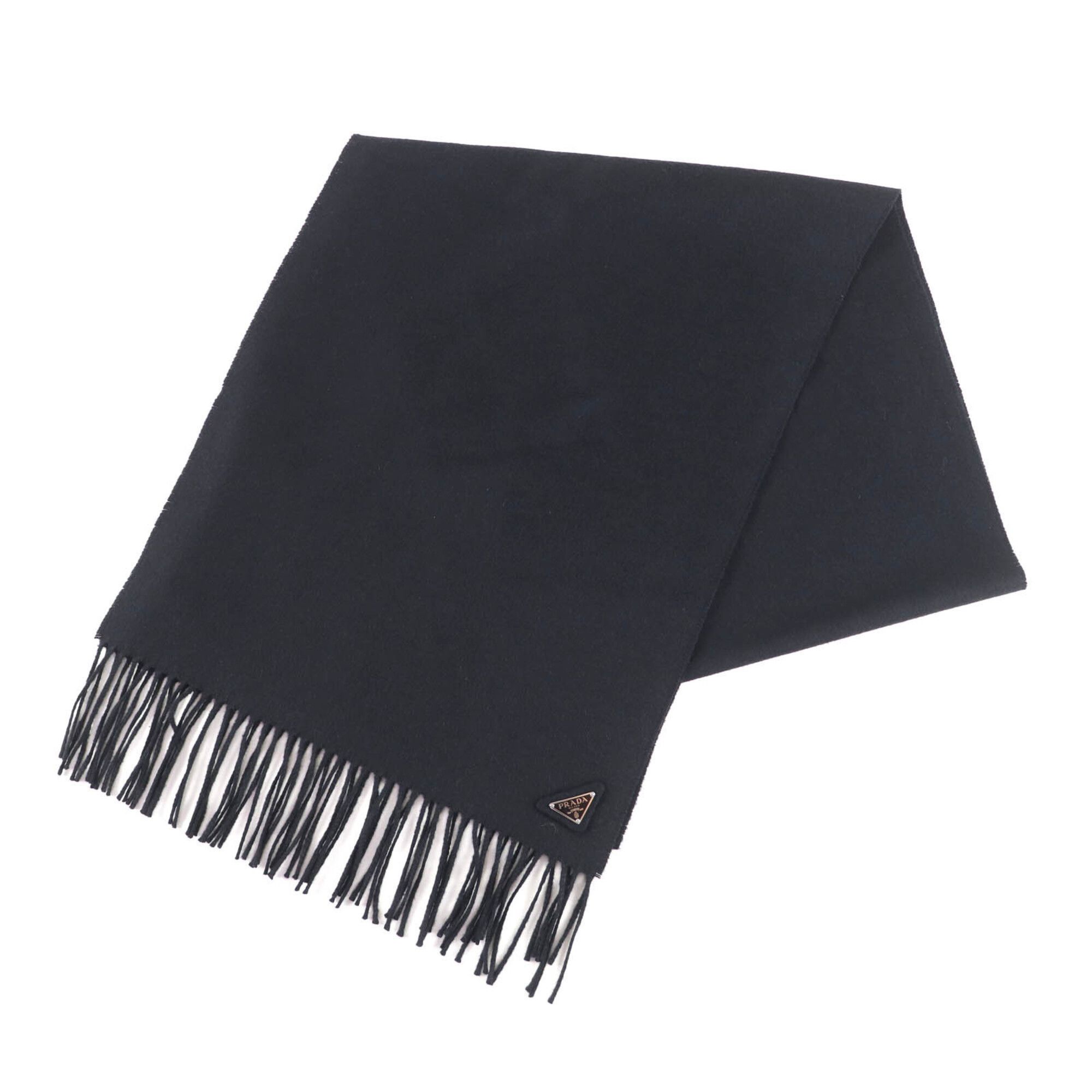 Prada PRADA (Prada) 2023 model 1FS047 Silk Cashmere Blend Fringe Scarf with Triangle Logo Plate, Black, 1700 x 350mm, Box, Made in Italy, Authentic, Men's/Women's. Size ONE SIZE - 1 Thumbnail