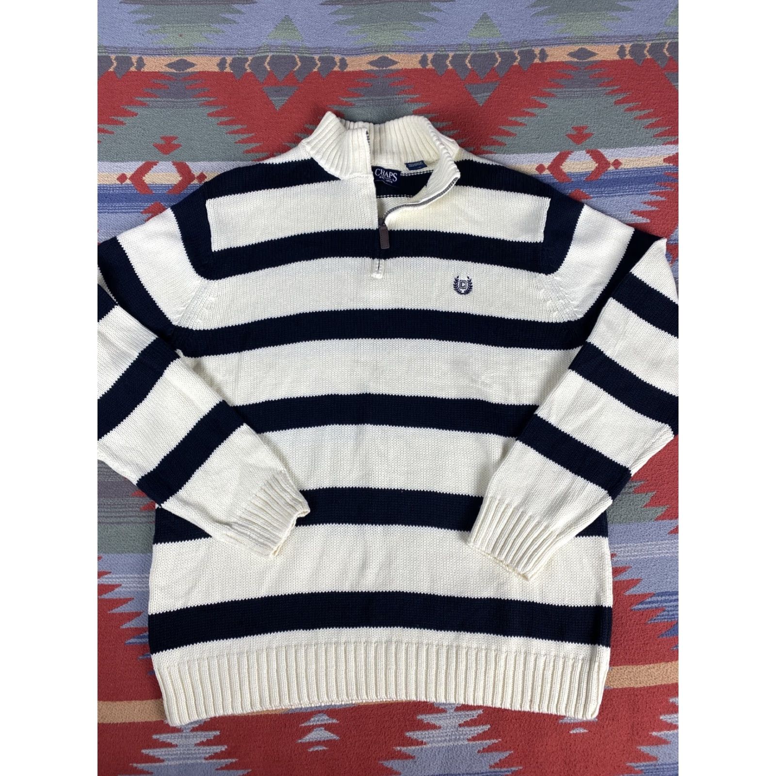 Chaps Chaps Ralph Lauren Sweater 1/4 Zip Knit Mens Striped Blue White L Men Size US L / EU 52-54 / 3 - 2 Thumbnail