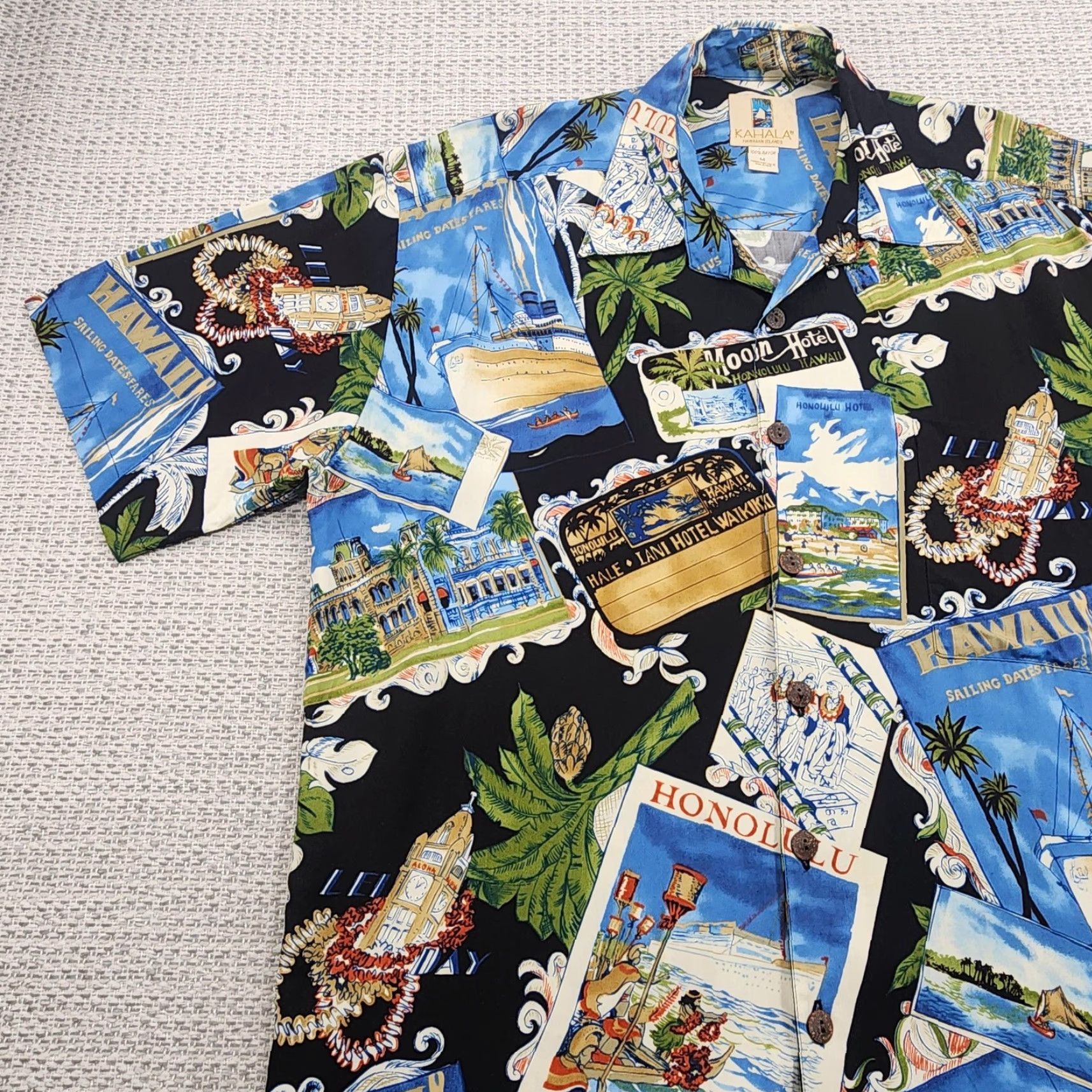 Vintage VINTAGE Kahala Shirt Mens Black Hawaiian Aloha Camp Collar Rayon Scenic Print Short Sleeve Button-Up Size US M / EU 48-50 / 2 - 3 Thumbnail