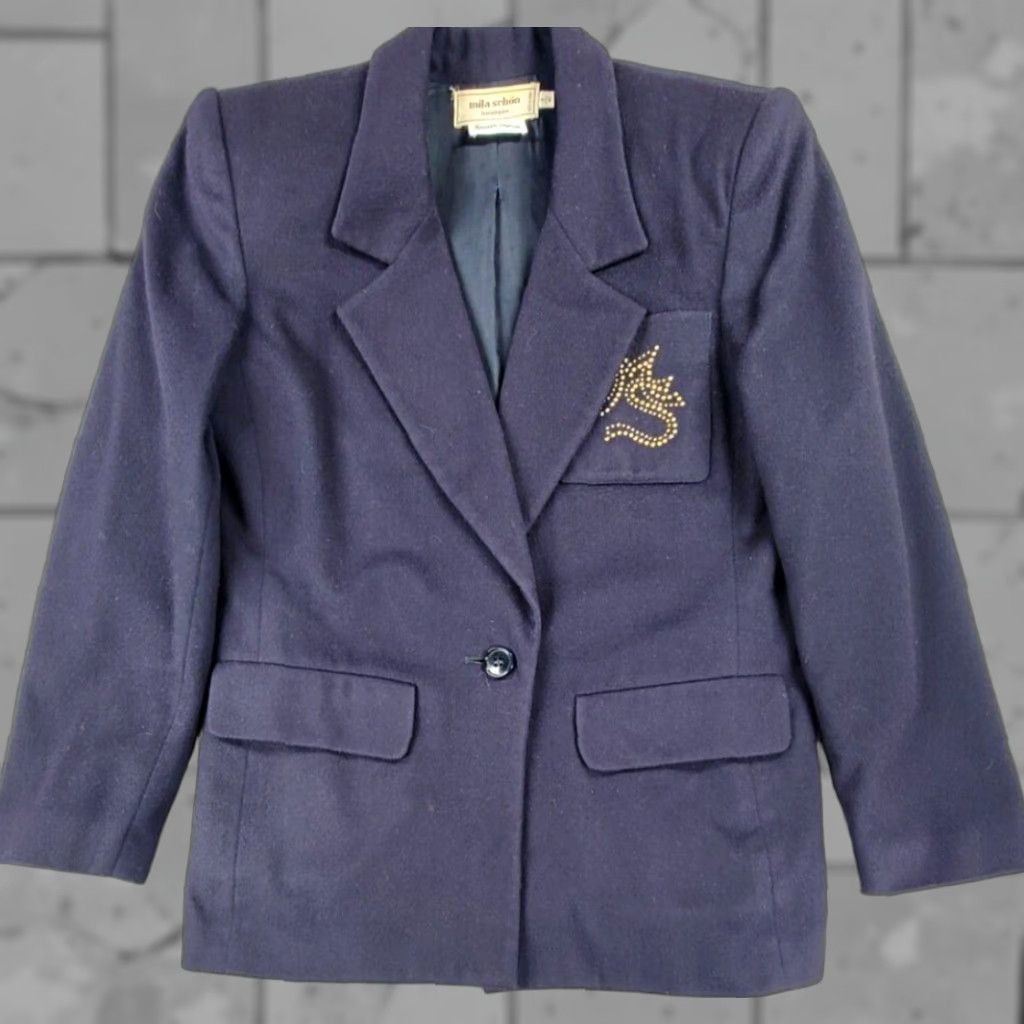 Vintage VINTAGE Mila Schon Blazer Women Wool Beaded Logo 70s 80s 90s Paris Italy Sz 6/40 Blue S/L Regular Buttons Size M / US 6-8 / IT 42-44 - 1 Thumbnail