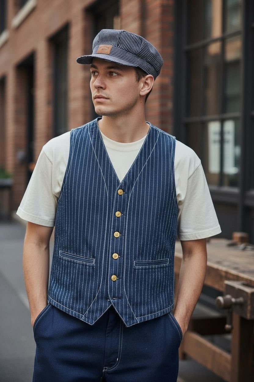 Klaxon Howl TENRYO Casual Indigo Wabash Stripe Work Vest Waistcoat Denim Size US M / EU 48-50 / 2 - 1 Thumbnail
