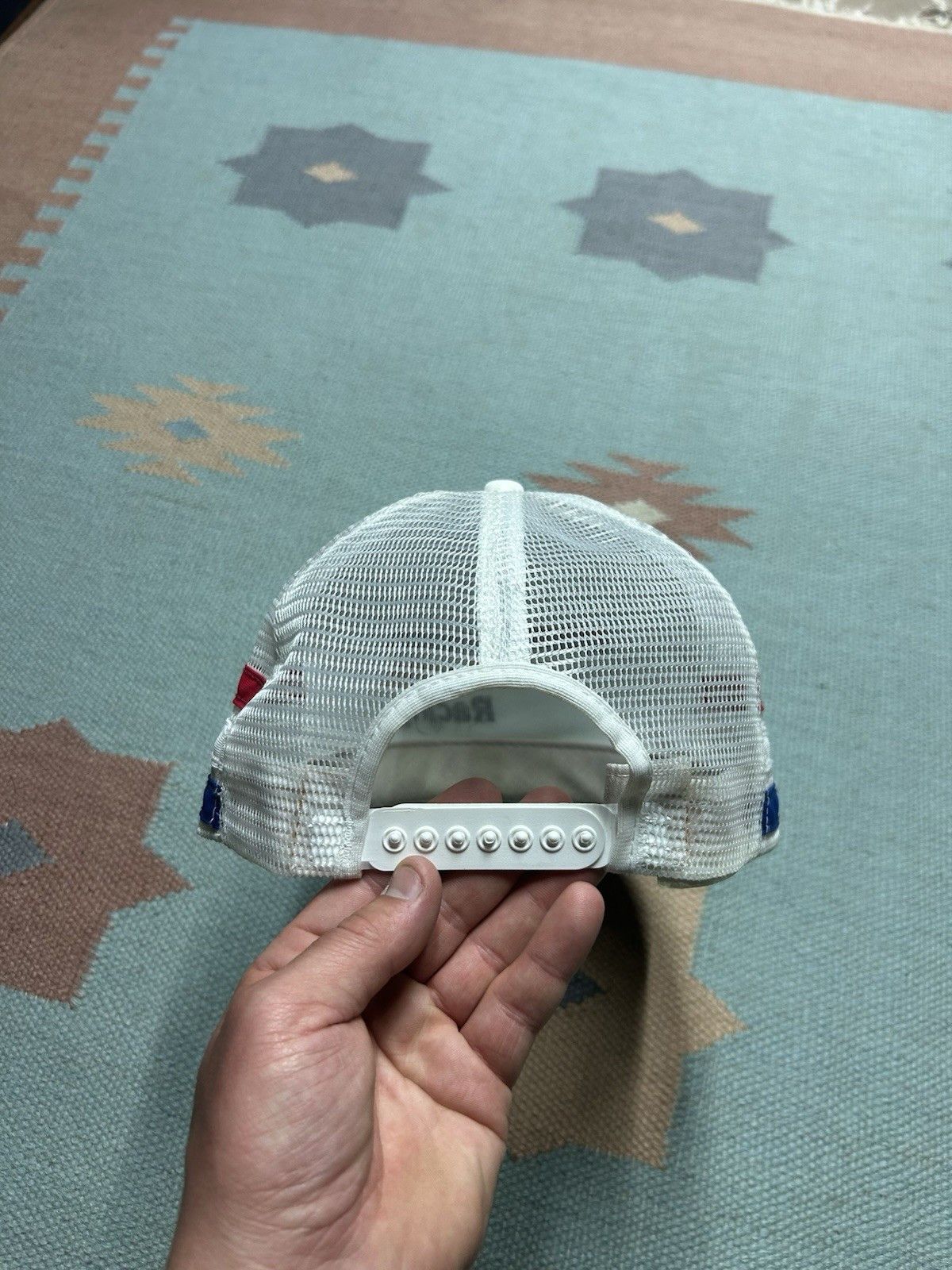 Vintage Vtg 80s trucker hat Amoco racing 3 three stripe USA red blue Size ONE SIZE - 5 Thumbnail