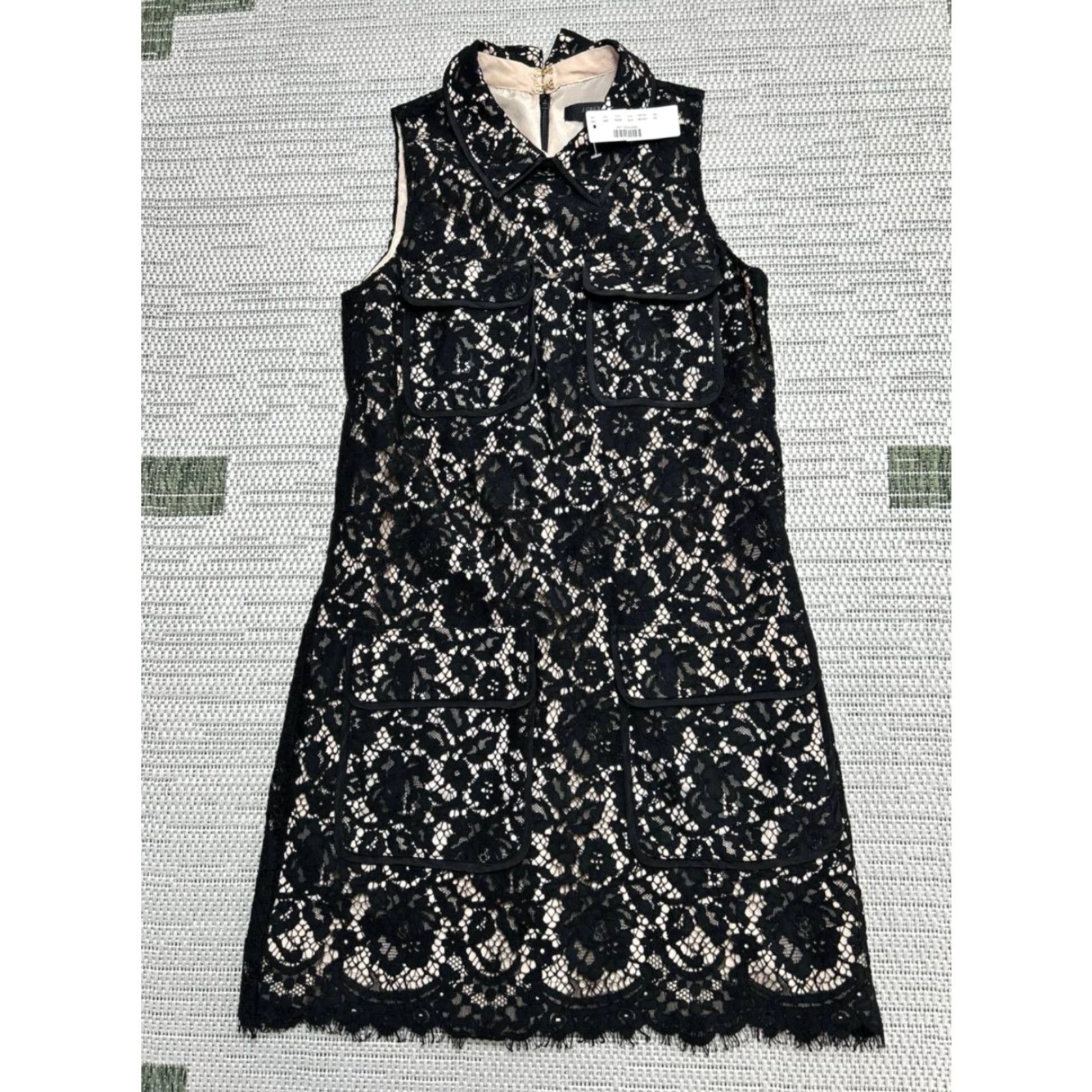 J Crew Dress Women 0P Black Floral Cotton Lined Lace Overlay Back Zip New