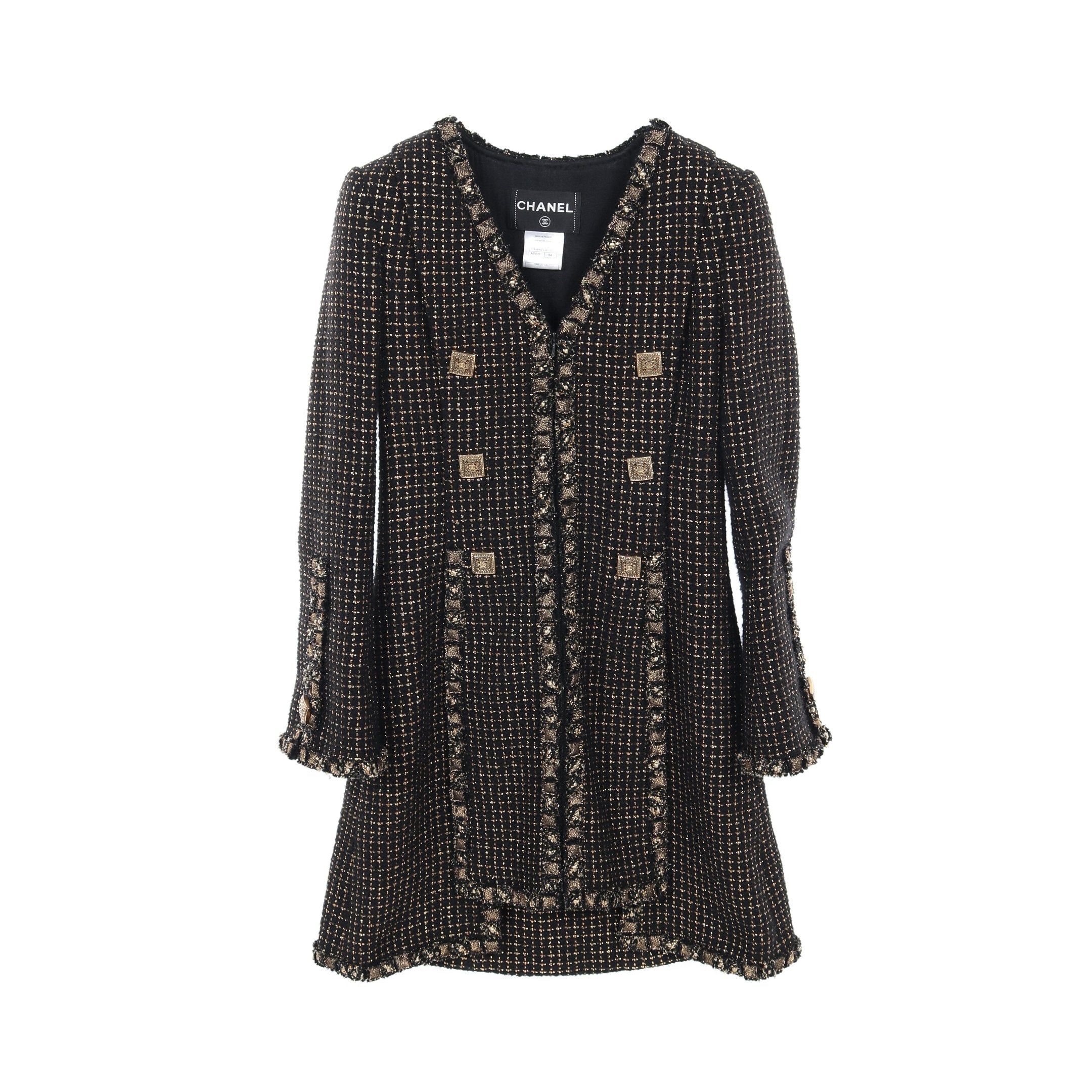 Chanel Chanel Coco Mark Square Button Tweed · Centre Zip Coat Wool Black Gold Size ONE SIZE - 1 Thumbnail