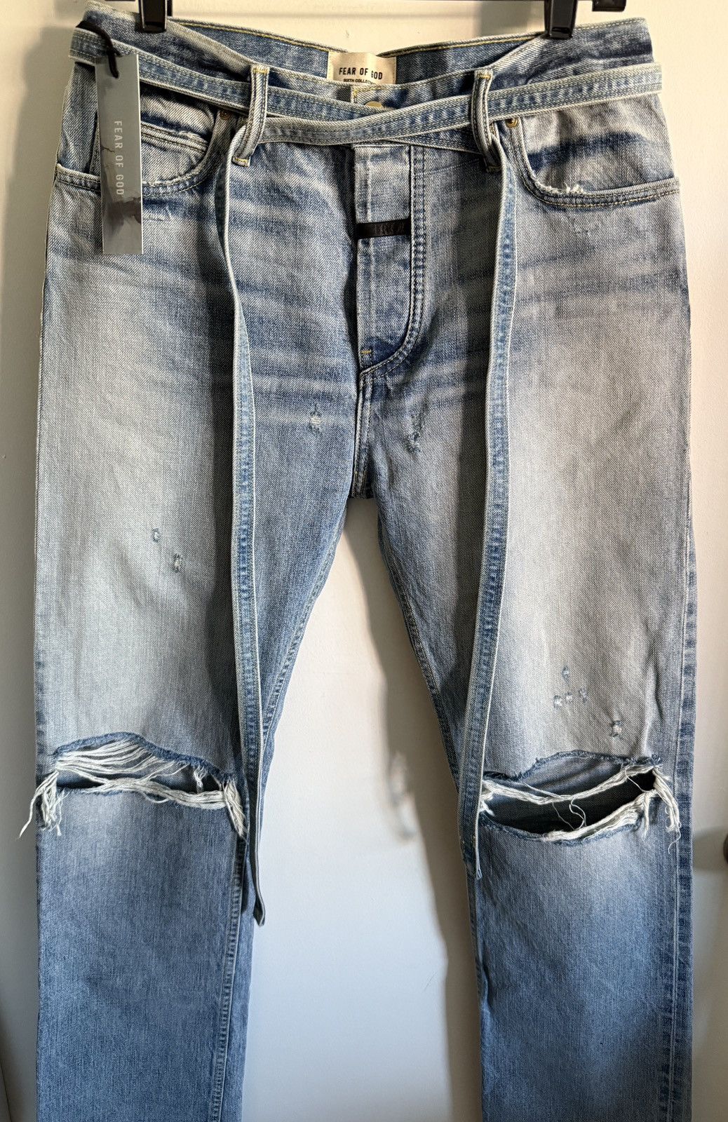 Designer × Fear of God NEW FOG 6th collection blue ripped distressed STRAIGHT JEANS Size US 32 / EU 48 - 2 Thumbnail